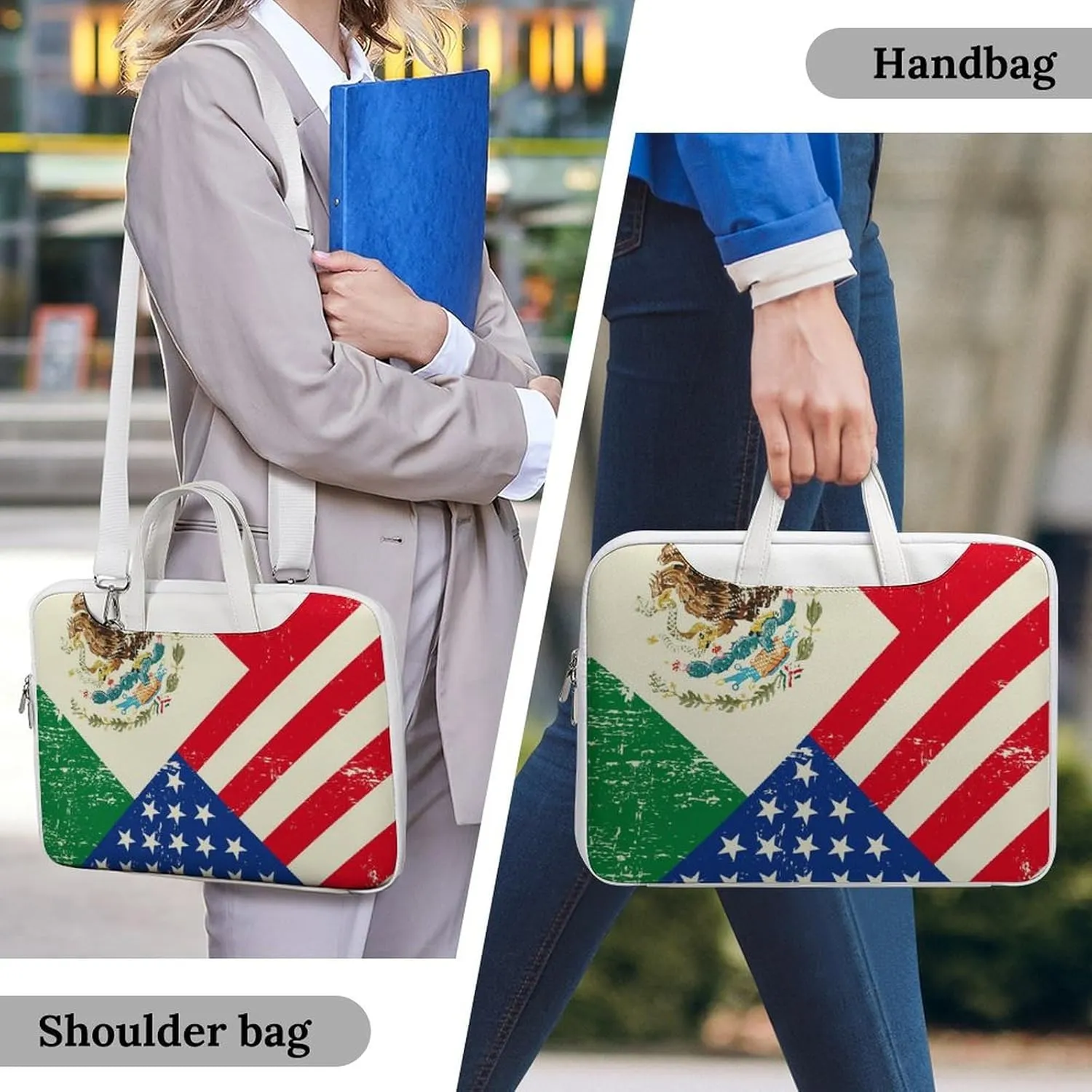 U.S.A Mexico Flag Leather Bag Laptop Case Slim Water Resistant Computer Bags with Handle Briefcase for Work