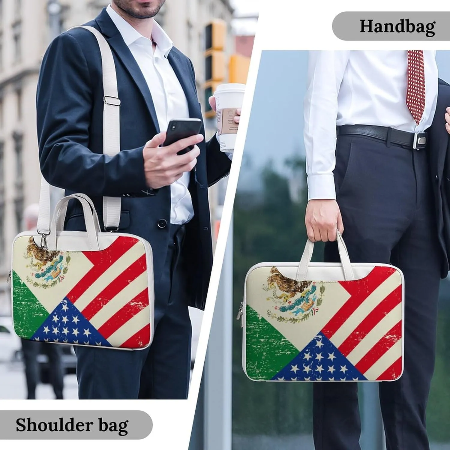U.S.A Mexico Flag Leather Bag Laptop Case Slim Water Resistant Computer Bags with Handle Briefcase for Work