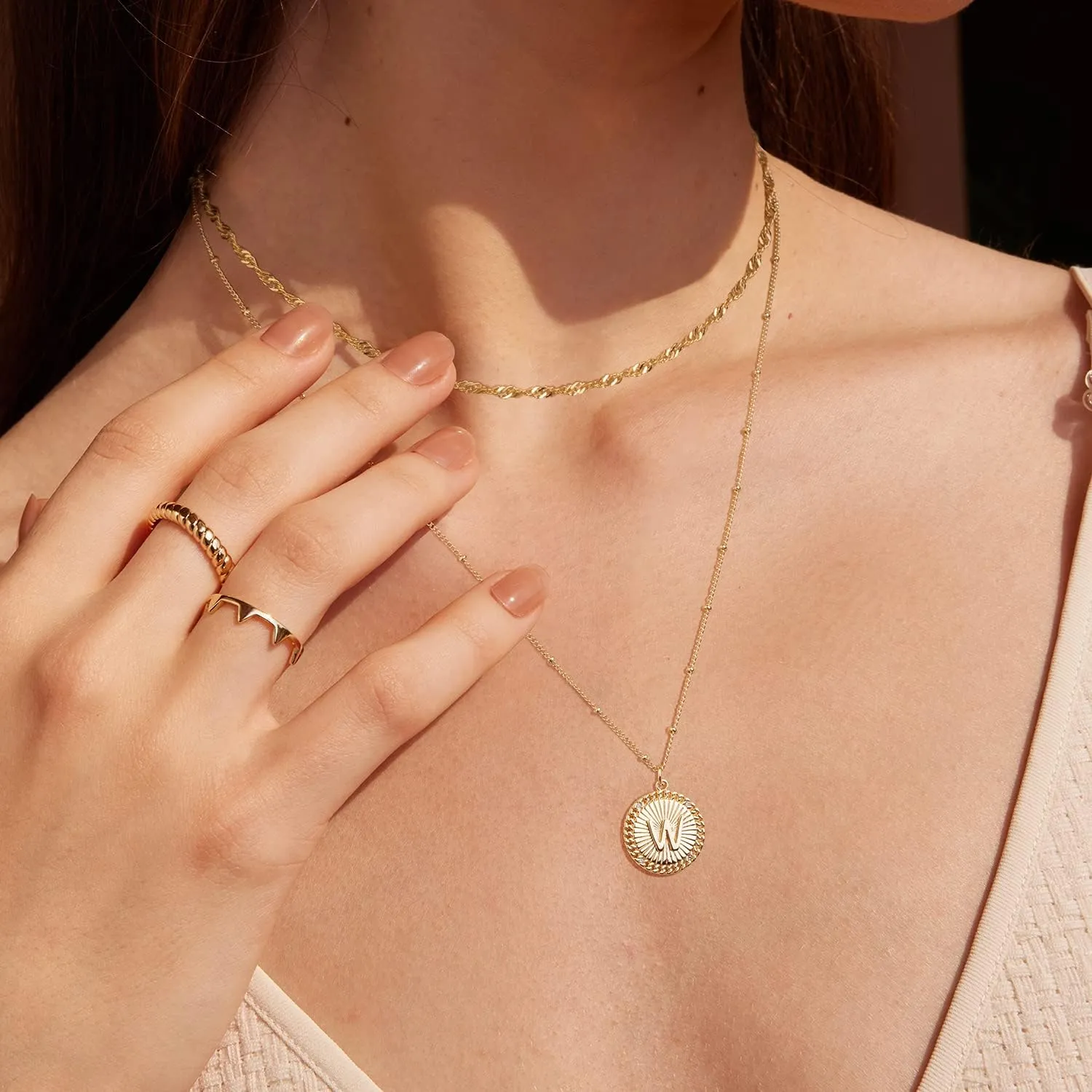 Valloey Rover Letter Necklace for Women Dainty 14K Gold Plated Layer Necklace CZ Initial Rope Disc Pendant Satellite Chain Necklace Personalized for Jewelry Gifts
