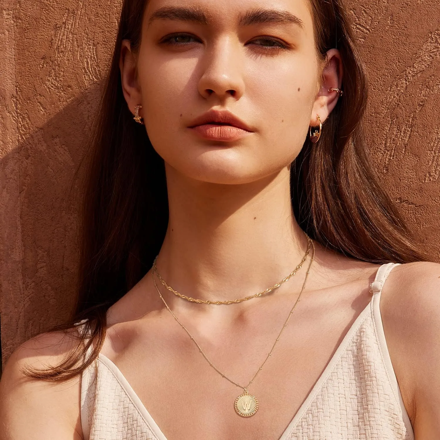 Valloey Rover Letter Necklace for Women Dainty 14K Gold Plated Layer Necklace CZ Initial Rope Disc Pendant Satellite Chain Necklace Personalized for Jewelry Gifts