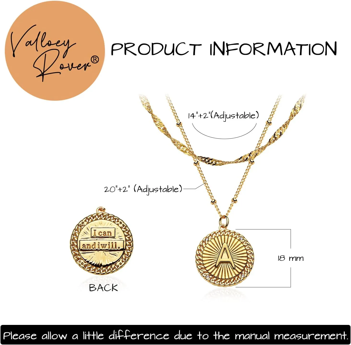 Valloey Rover Letter Necklace for Women Dainty 14K Gold Plated Layer Necklace CZ Initial Rope Disc Pendant Satellite Chain Necklace Personalized for Jewelry Gifts