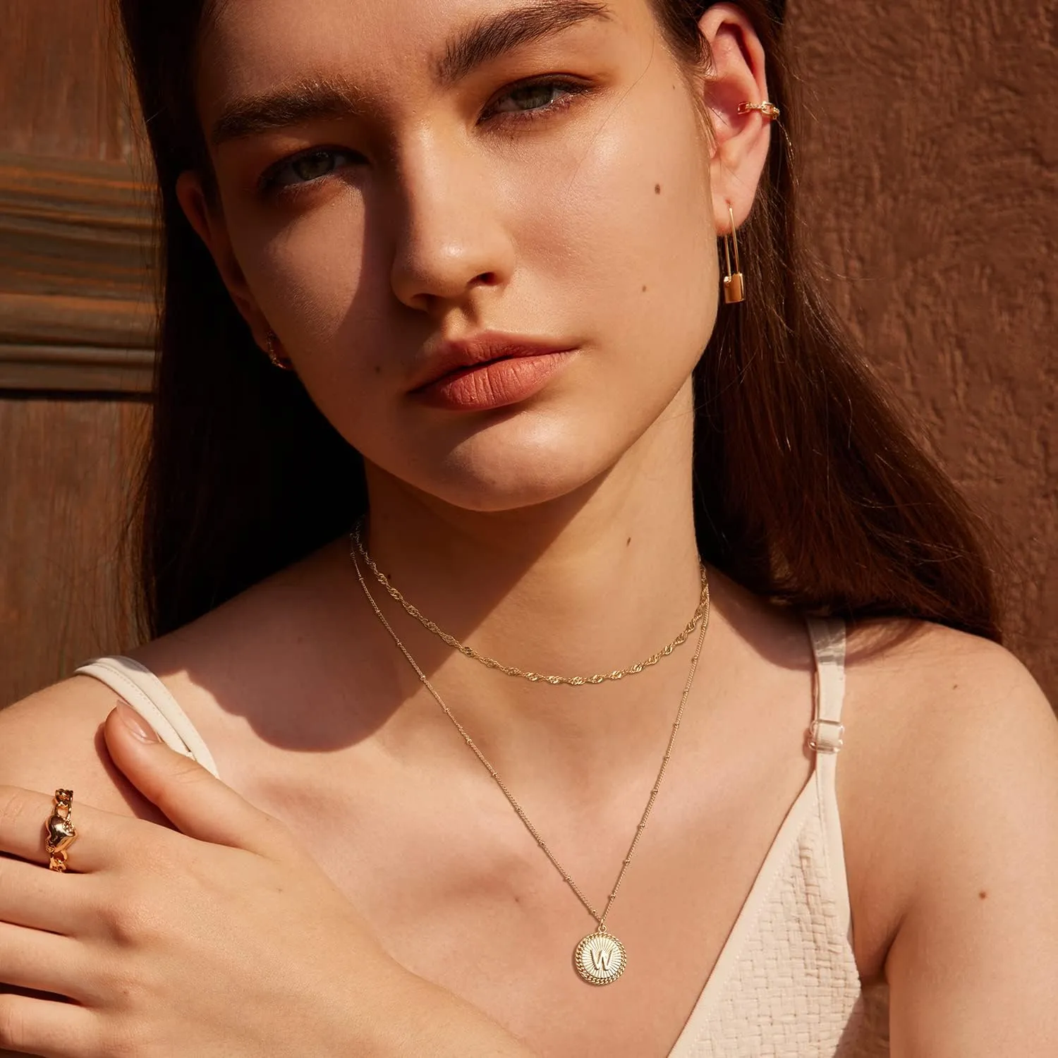 Valloey Rover Letter Necklace for Women Dainty 14K Gold Plated Layer Necklace CZ Initial Rope Disc Pendant Satellite Chain Necklace Personalized for Jewelry Gifts