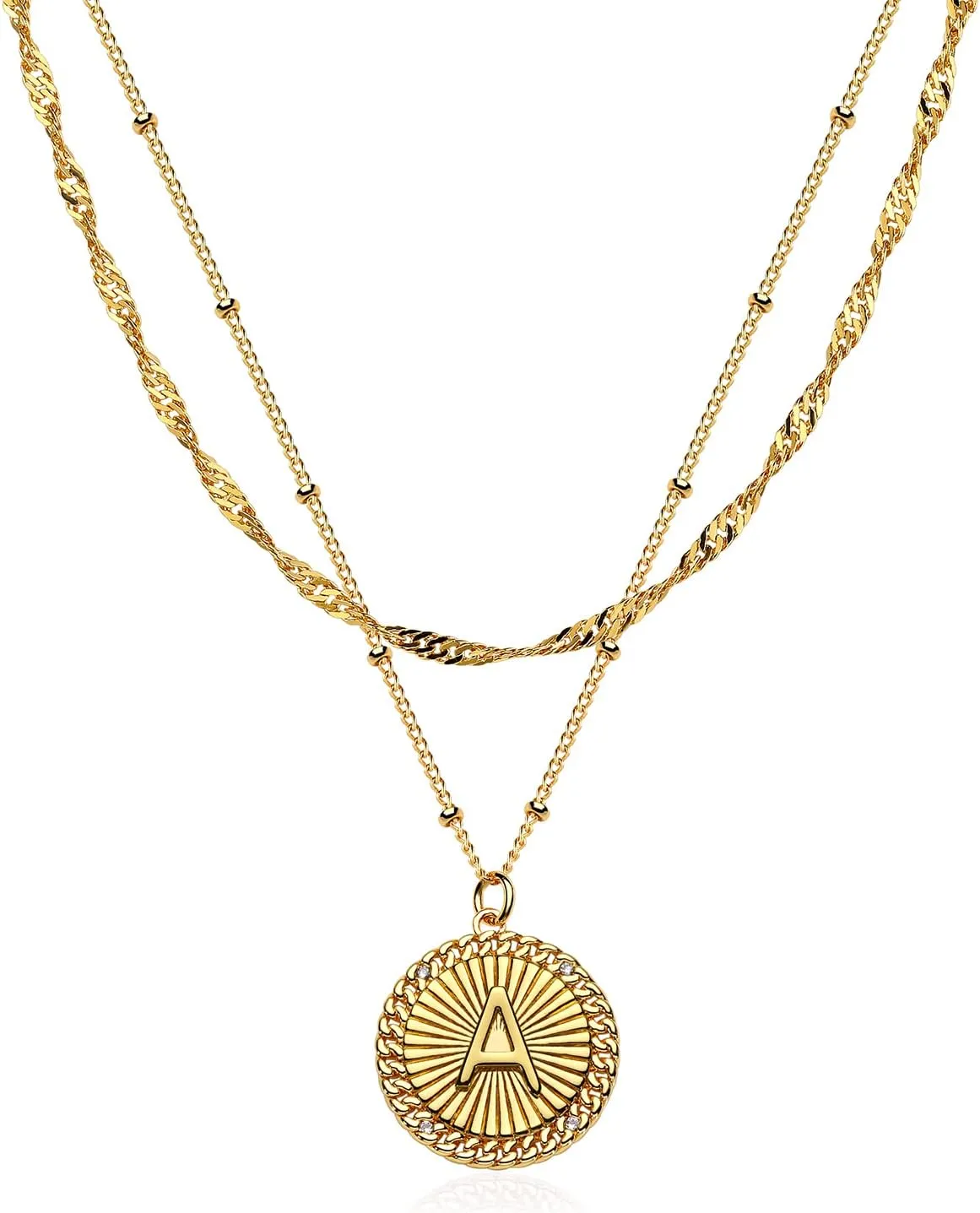 Valloey Rover Letter Necklace for Women Dainty 14K Gold Plated Layer Necklace CZ Initial Rope Disc Pendant Satellite Chain Necklace Personalized for Jewelry Gifts