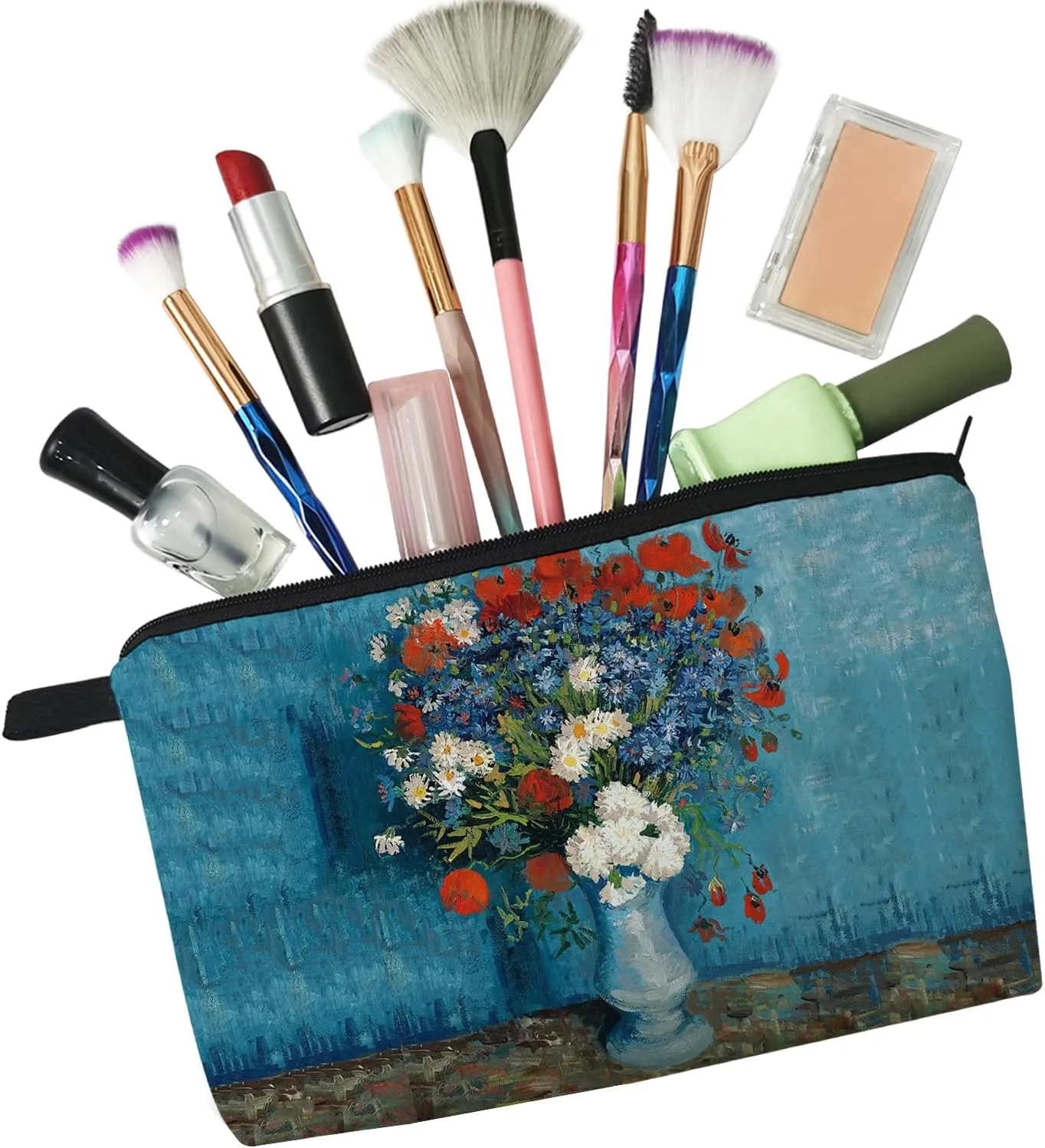 Van Gogh Floral Oil Painting Blue Cornflower Makeup Bag Cute Small Makeup Bag Travel Toiletry Zipper Pouch Cornflower Cosmetic Bag Flower Gifts for Women Girls Artists