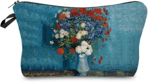 Van Gogh Floral Oil Painting Blue Cornflower Makeup Bag Cute Small Makeup Bag Travel Toiletry Zipper Pouch Cornflower Cosmetic Bag Flower Gifts for Women Girls Artists