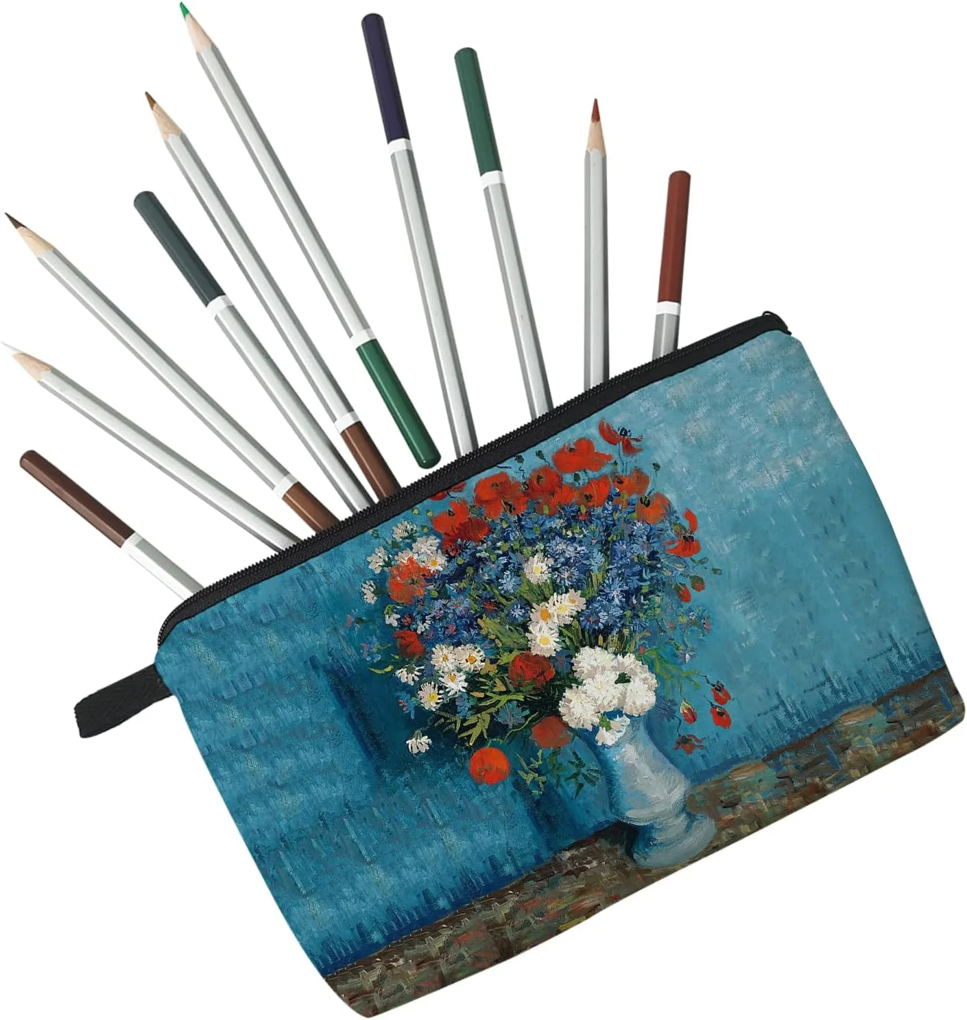 Van Gogh Floral Oil Painting Blue Cornflower Makeup Bag Cute Small Makeup Bag Travel Toiletry Zipper Pouch Cornflower Cosmetic Bag Flower Gifts for Women Girls Artists