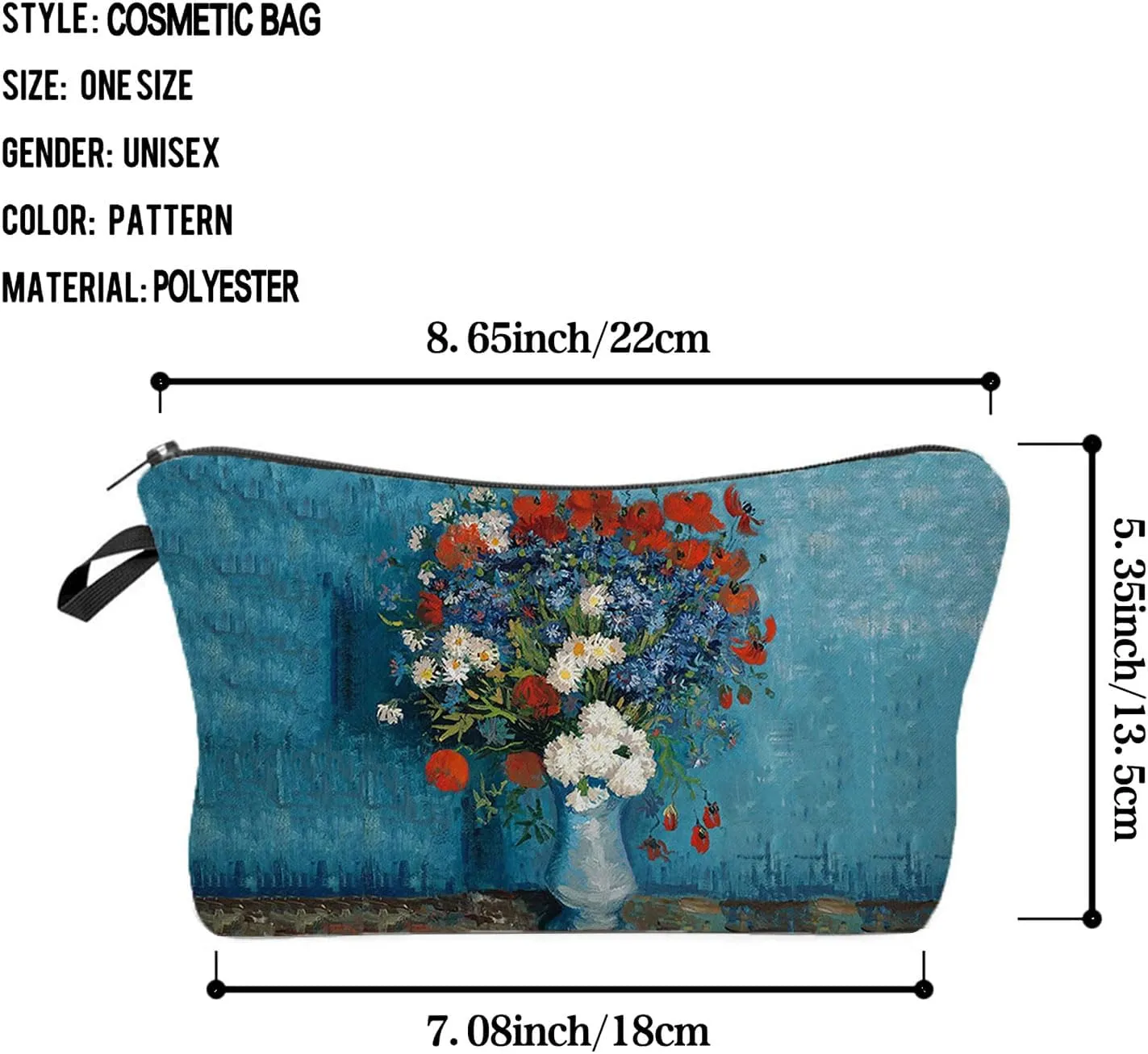 Van Gogh Floral Oil Painting Blue Cornflower Makeup Bag Cute Small Makeup Bag Travel Toiletry Zipper Pouch Cornflower Cosmetic Bag Flower Gifts for Women Girls Artists