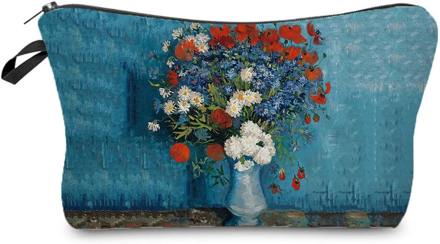 Van Gogh Floral Oil Painting Blue Cornflower Makeup Bag Cute Small Makeup Bag Travel Toiletry Zipper Pouch Cornflower Cosmetic Bag Flower Gifts for Women Girls Artists