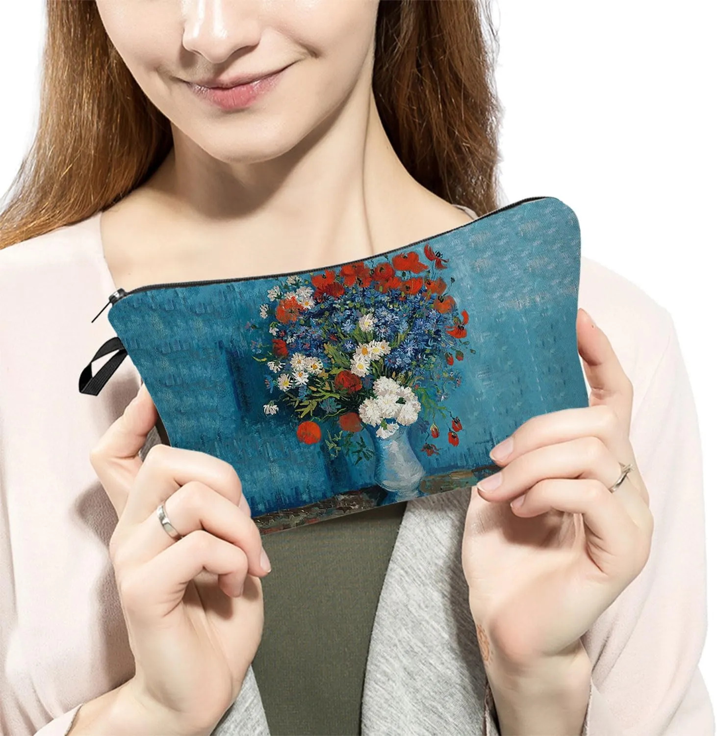 Van Gogh Floral Oil Painting Blue Cornflower Makeup Bag Cute Small Makeup Bag Travel Toiletry Zipper Pouch Cornflower Cosmetic Bag Flower Gifts for Women Girls Artists