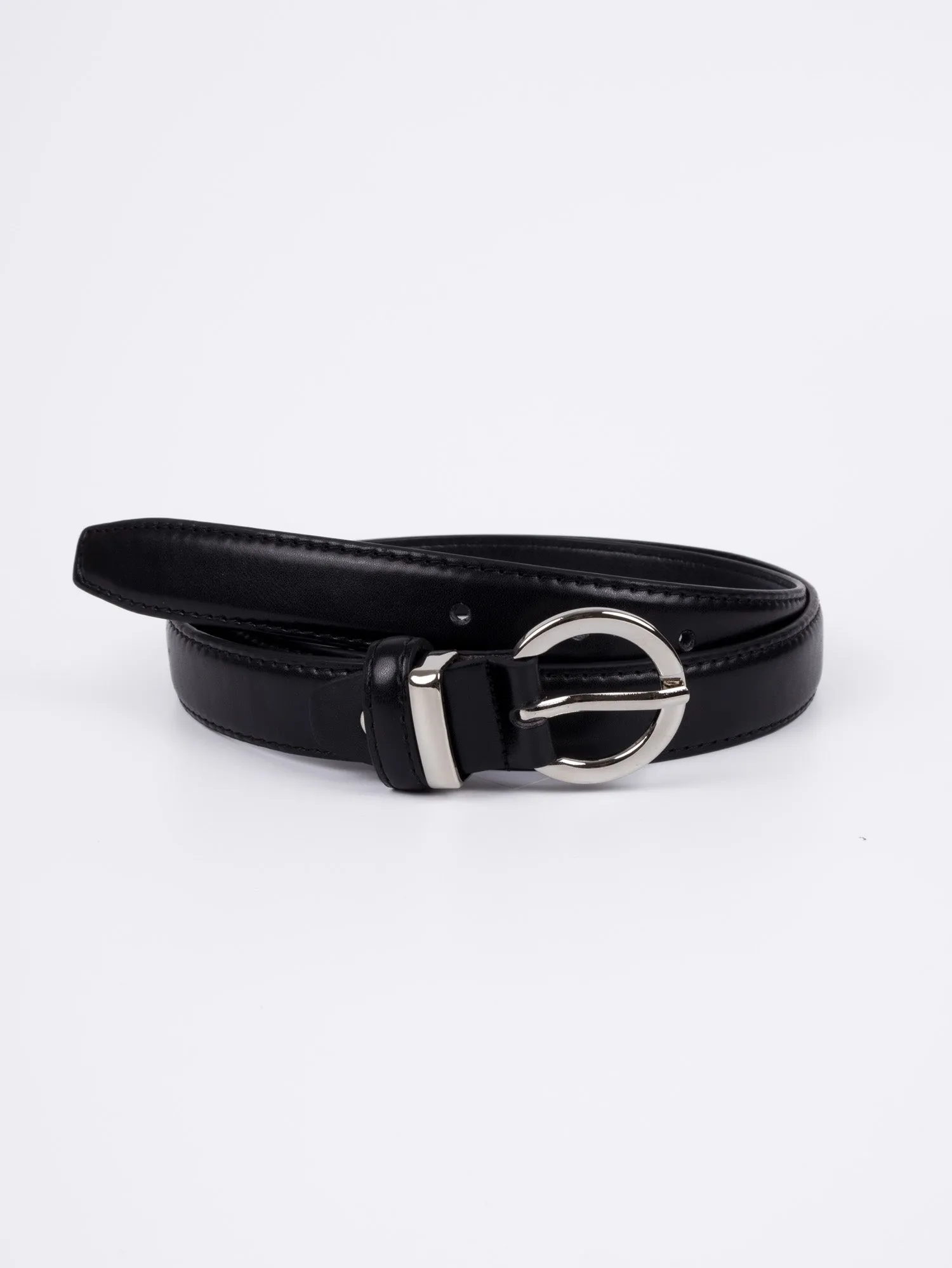 Vegan PU Leather Belt - Amiens - Curved Buckle - Silver / Black - 107cm