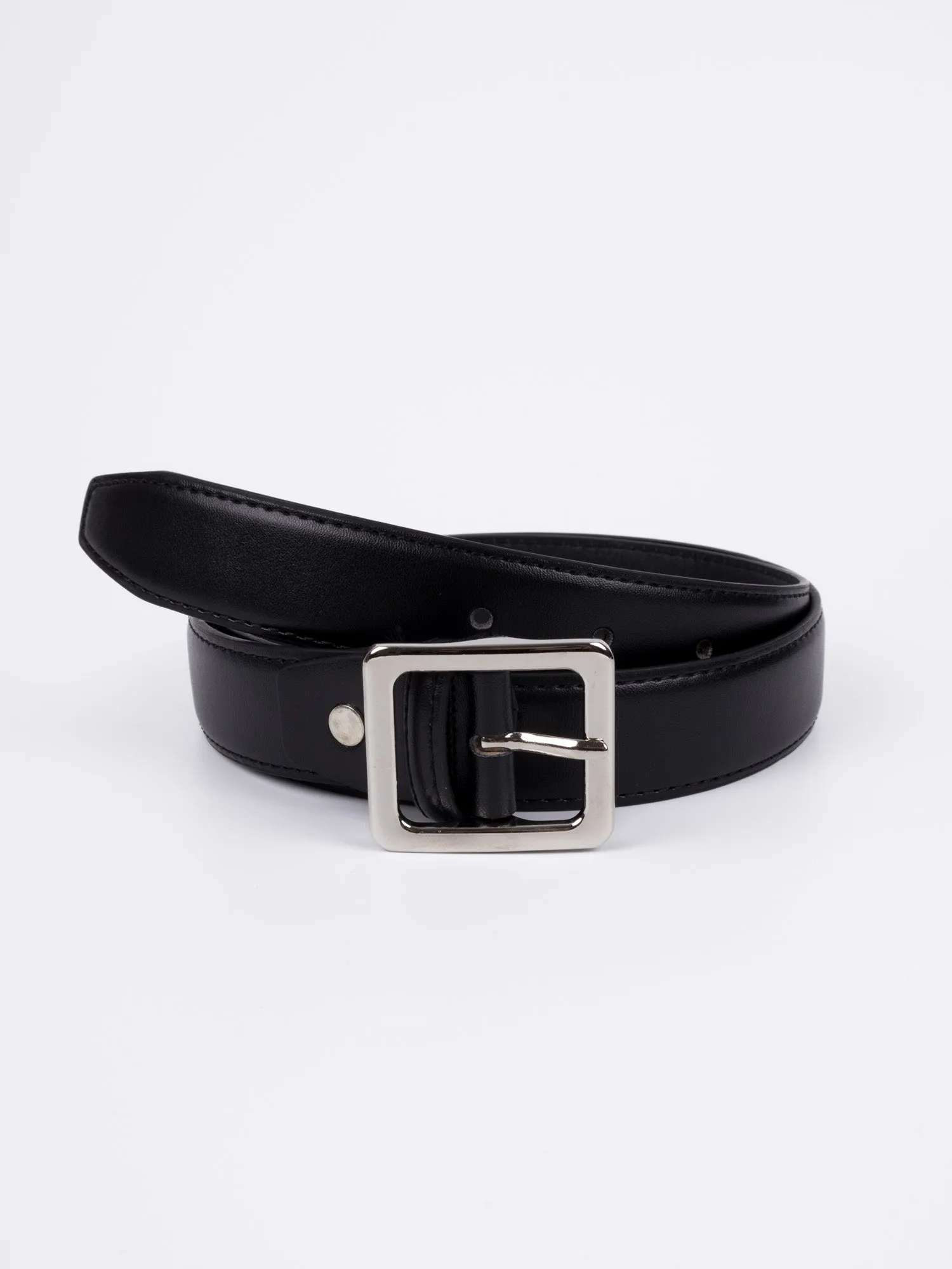 Vegan PU Leather Belt - Amiens - Square Buckle - Silver / Black - 107cm