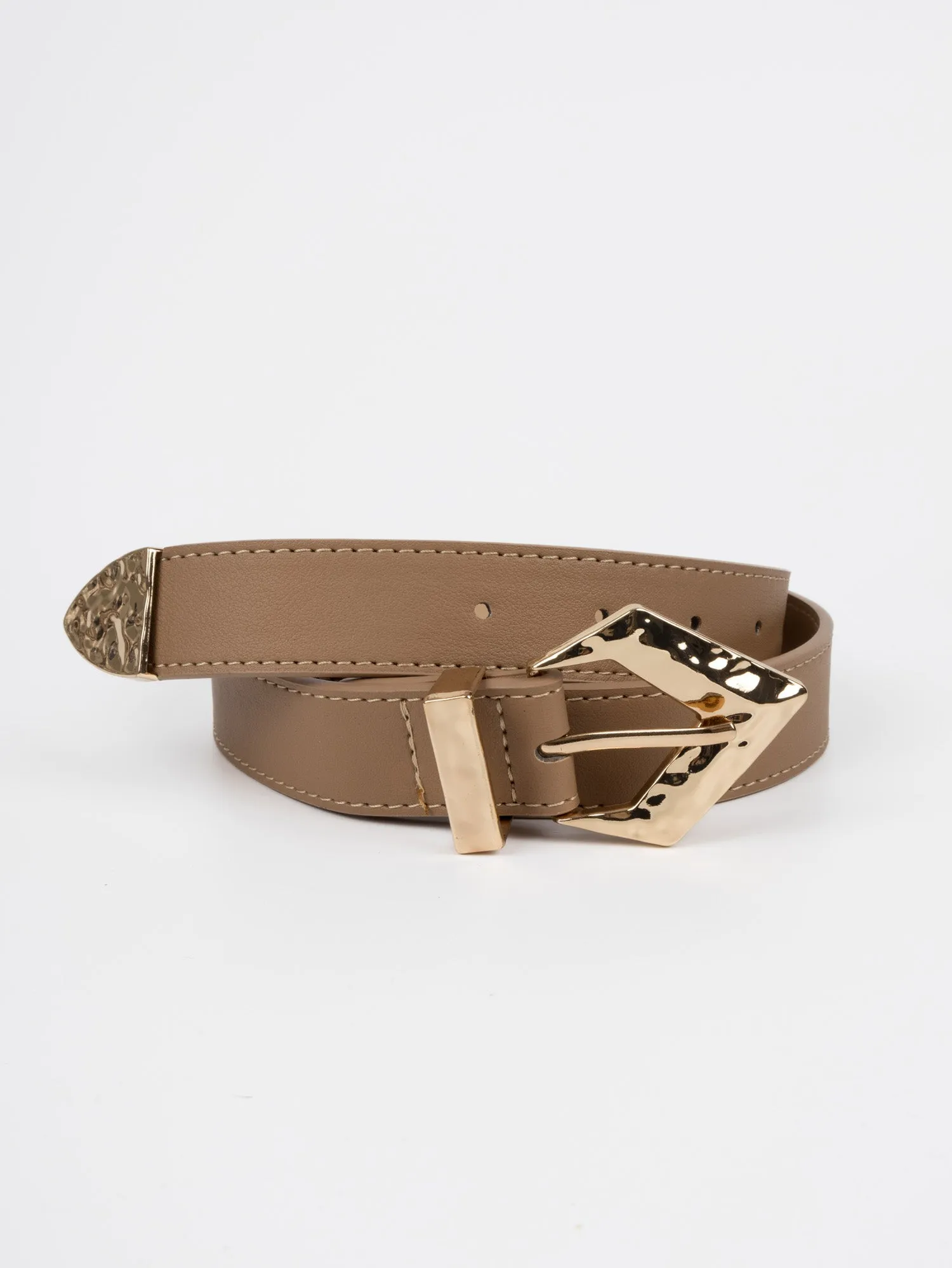 Vegan PU Leather Belt - Anglet - Irregular Diamond Buckle - Gold / Beige - 104cm