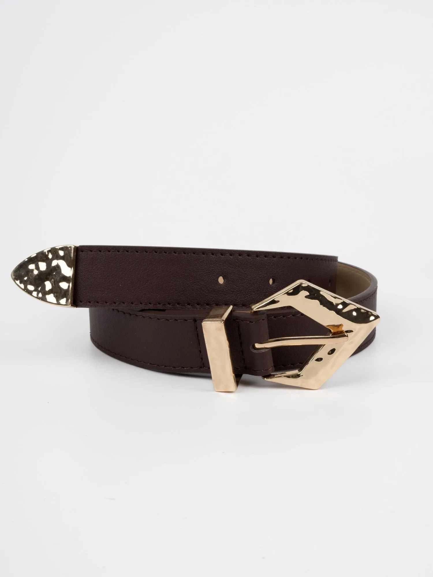 Vegan PU Leather Belt - Anglet - Irregular Diamond Buckle - Gold / Brown - 104cm