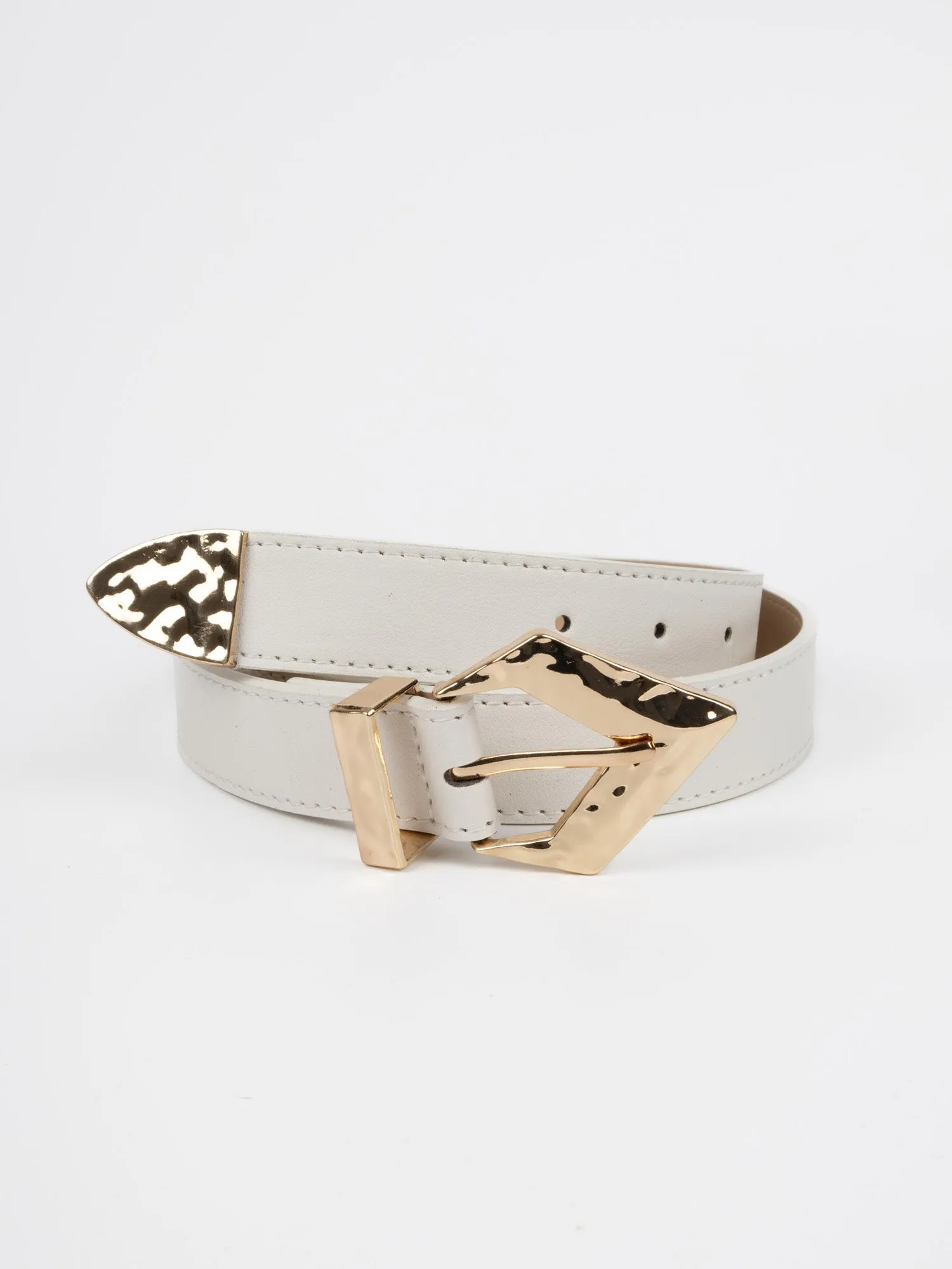 Vegan PU Leather Belt - Anglet - Irregular Diamond Buckle - Gold / White - 104cm