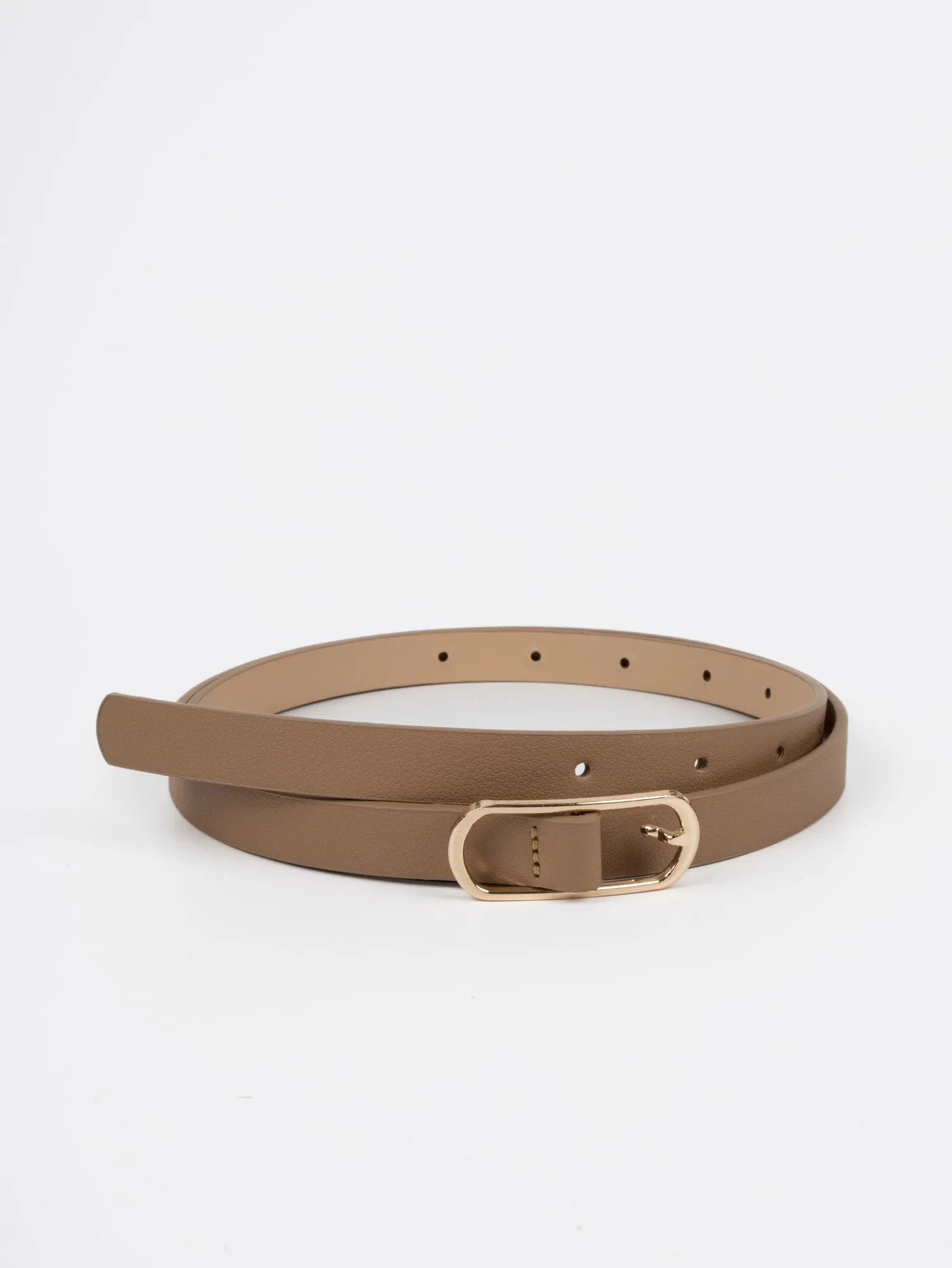 Vegan PU Leather Belt - Arras - Narrow Oval Buckle - Gold / Beige - 105cm
