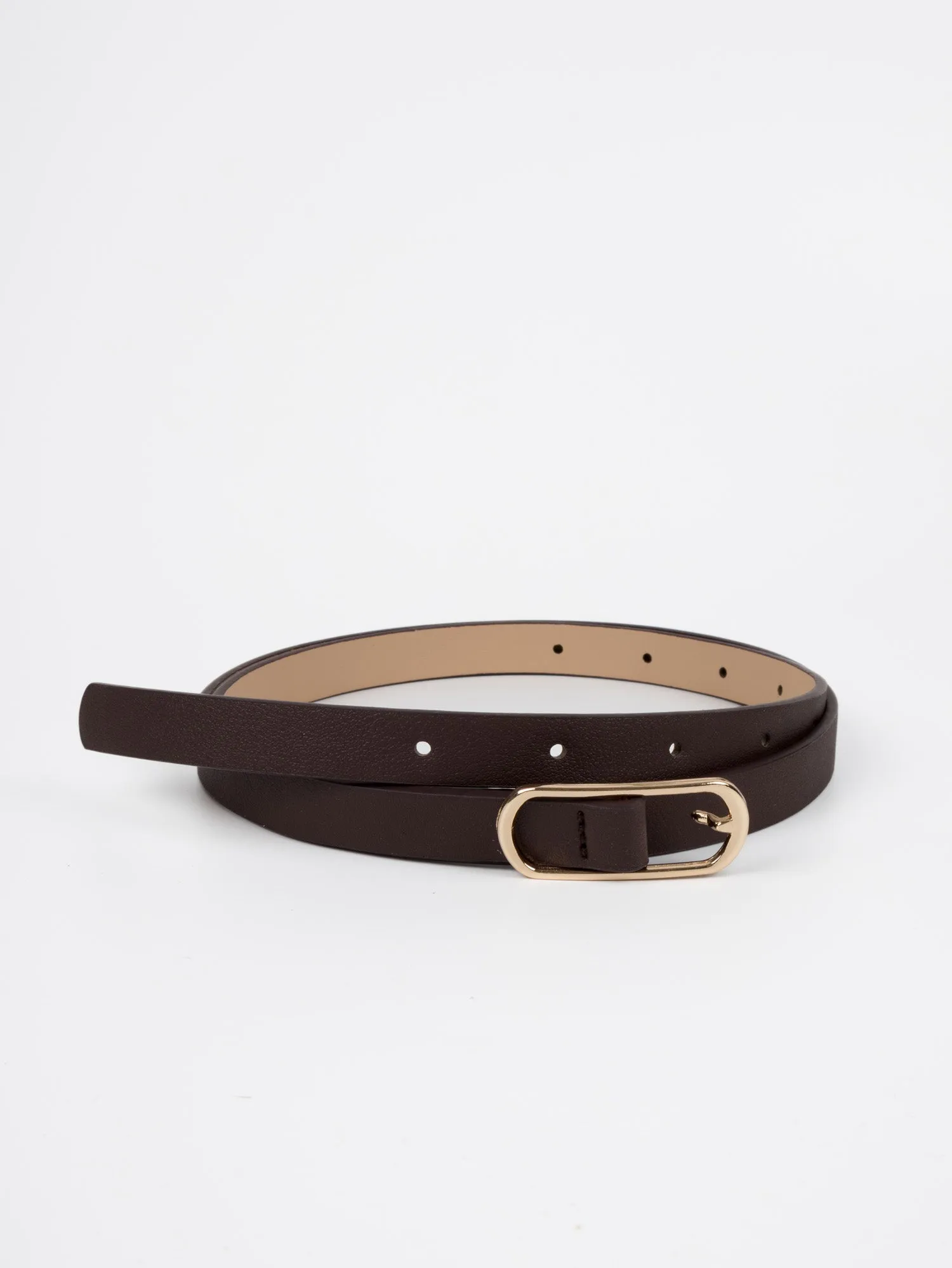 Vegan PU Leather Belt - Arras - Narrow Oval Buckle - Gold / Coffee - 105cm