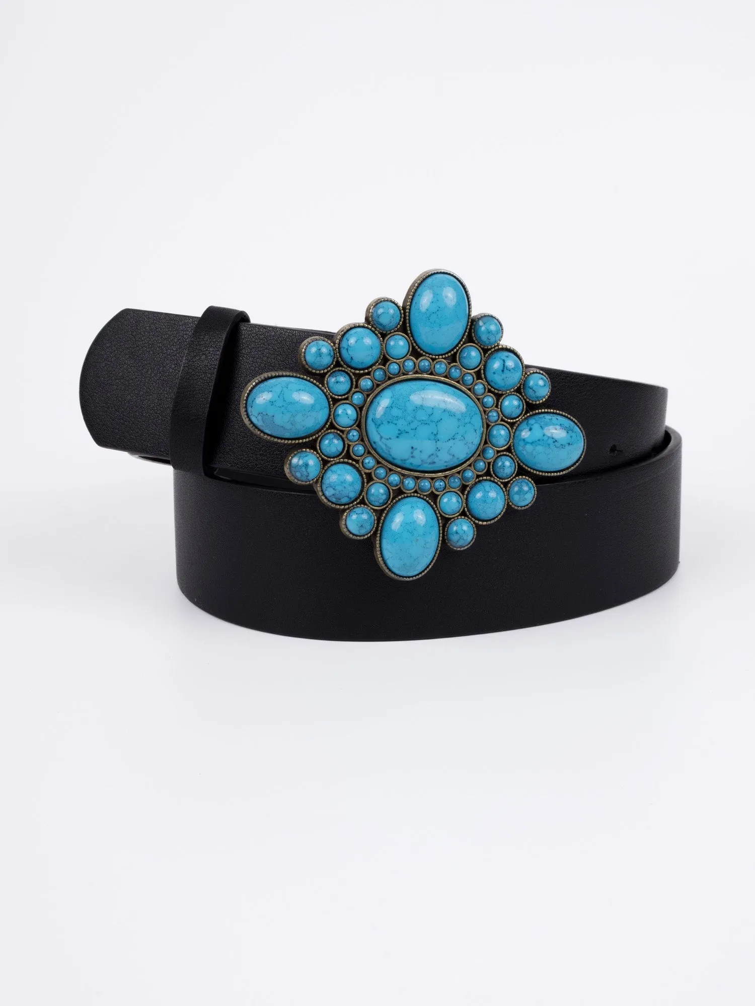 Vegan PU Leather Belt - Caen - Turquoise Diamond Boho Buckle - Silver / Black - 110cm