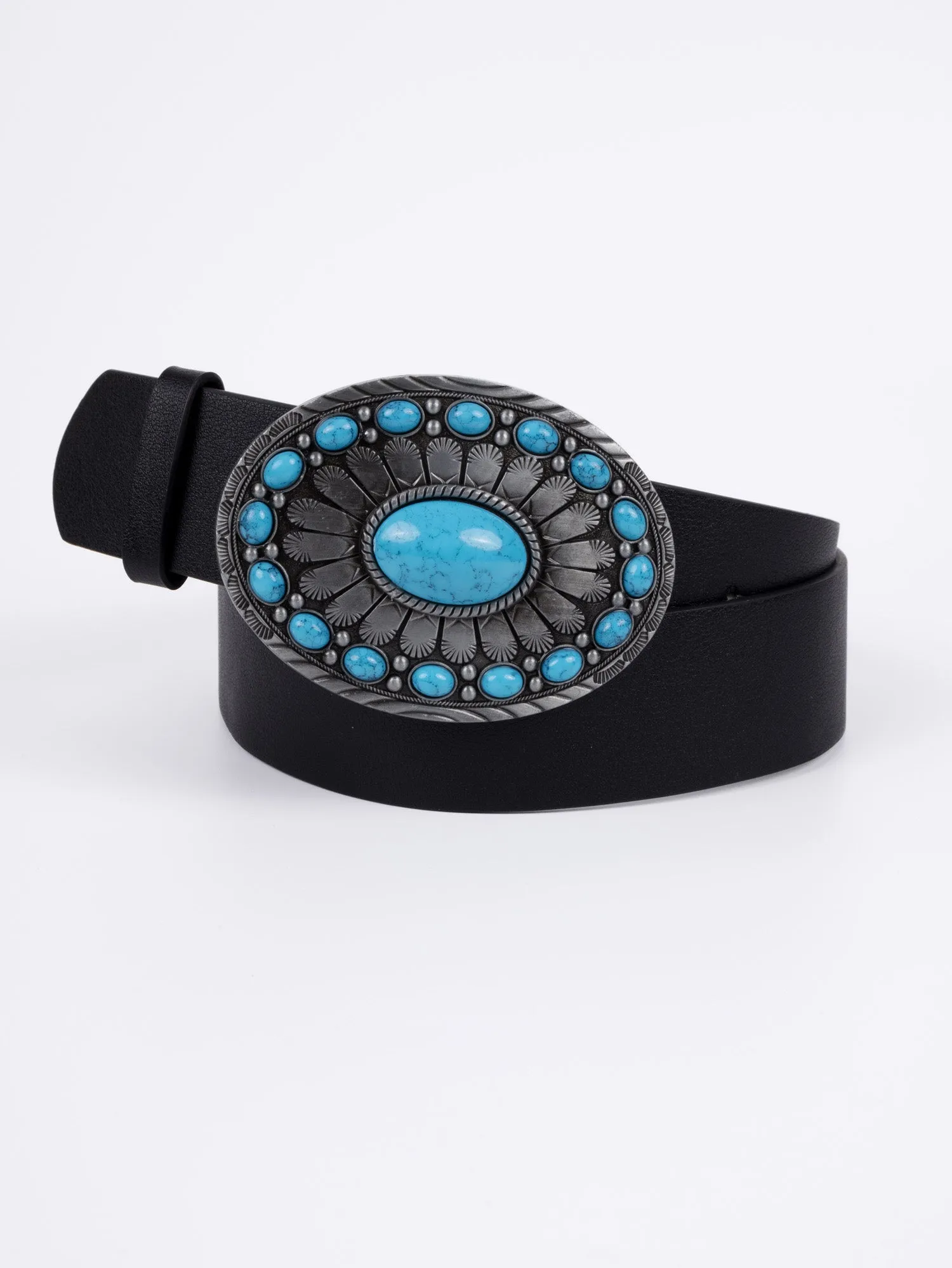 Vegan PU Leather Belt - Caen - Turquoise Oval Boho Buckle - Silver / Black - 110cm