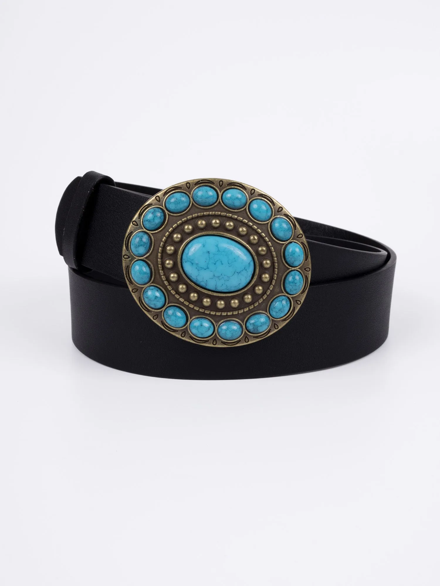 Vegan PU Leather Belt - Caen - Turquoise Round Boho Buckle - Gold / Black - 110cm