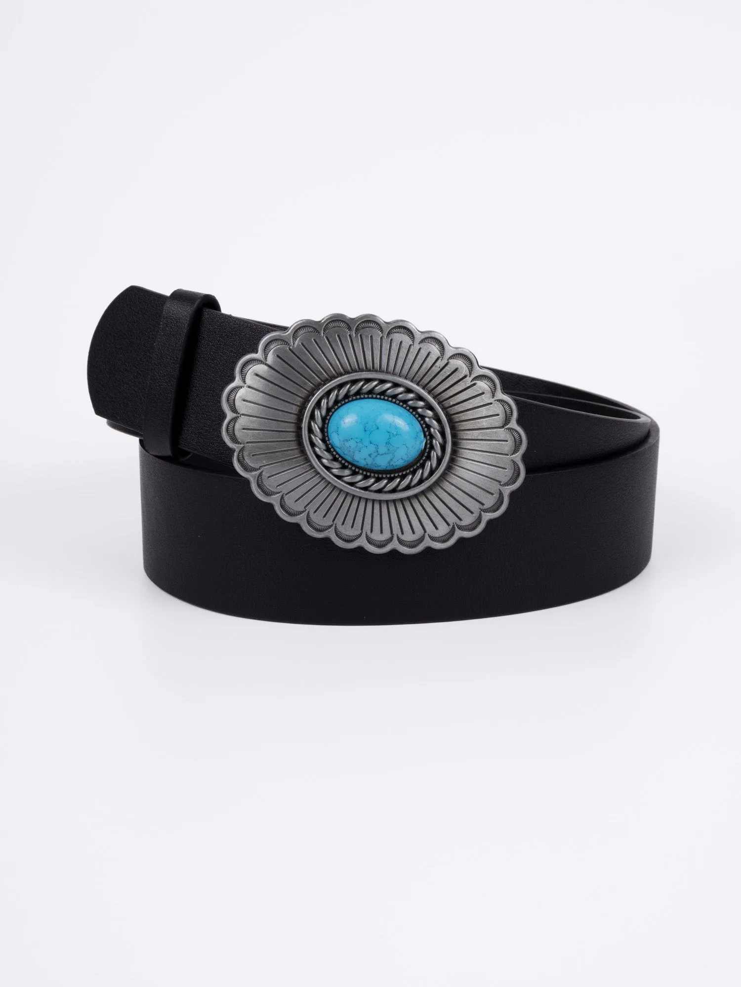 Vegan PU Leather Belt - Caen - Turquoise Round Boho Buckle - Silver / Black- 110cm