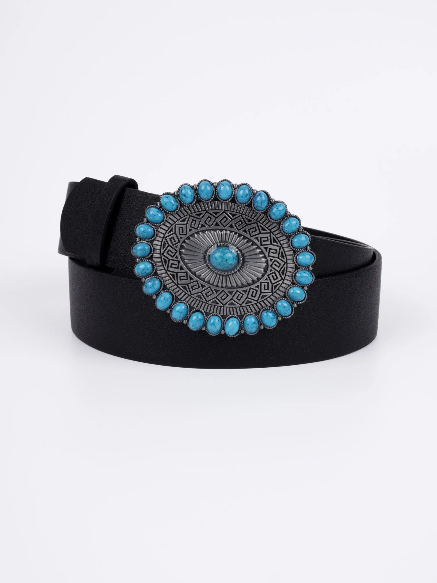 Vegan PU Leather Belt - Caen - Turquoise Round Boho Gemstone Buckle - Silver / Black - 110cm