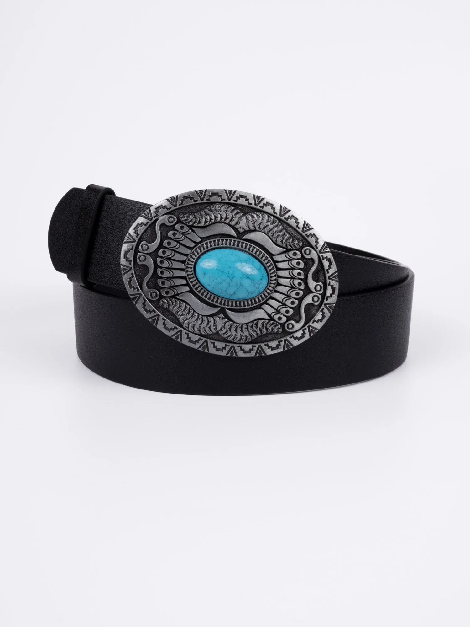 Vegan PU Leather Belt - Caen - Turquoise Round Boho Pattern Buckle - Silver / Black - 110cm