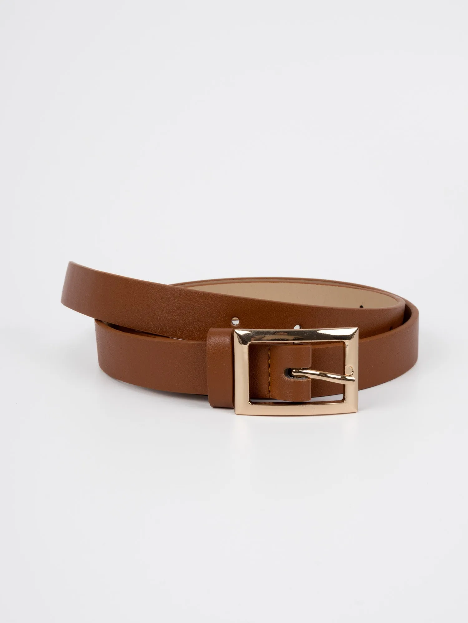 Vegan PU Leather Belt - Calais - Rectangle Buckle - Gold / Tan - 104cm