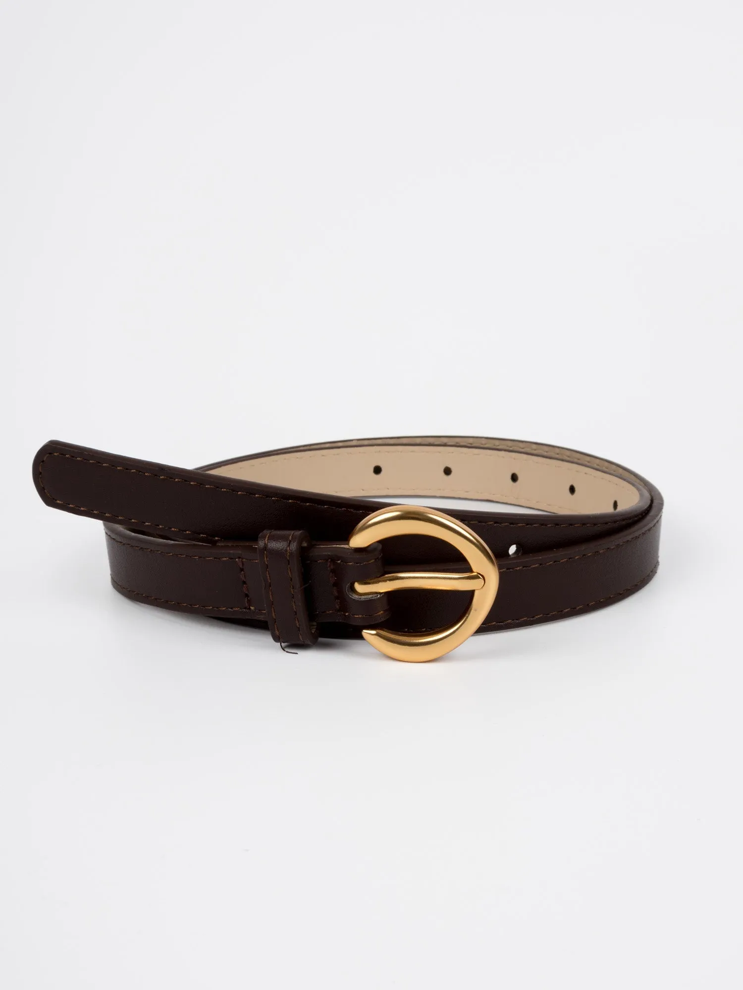 Vegan PU Leather Belt - Cannes - Classic Curved Buckle - Gold / Coffee - 106cm