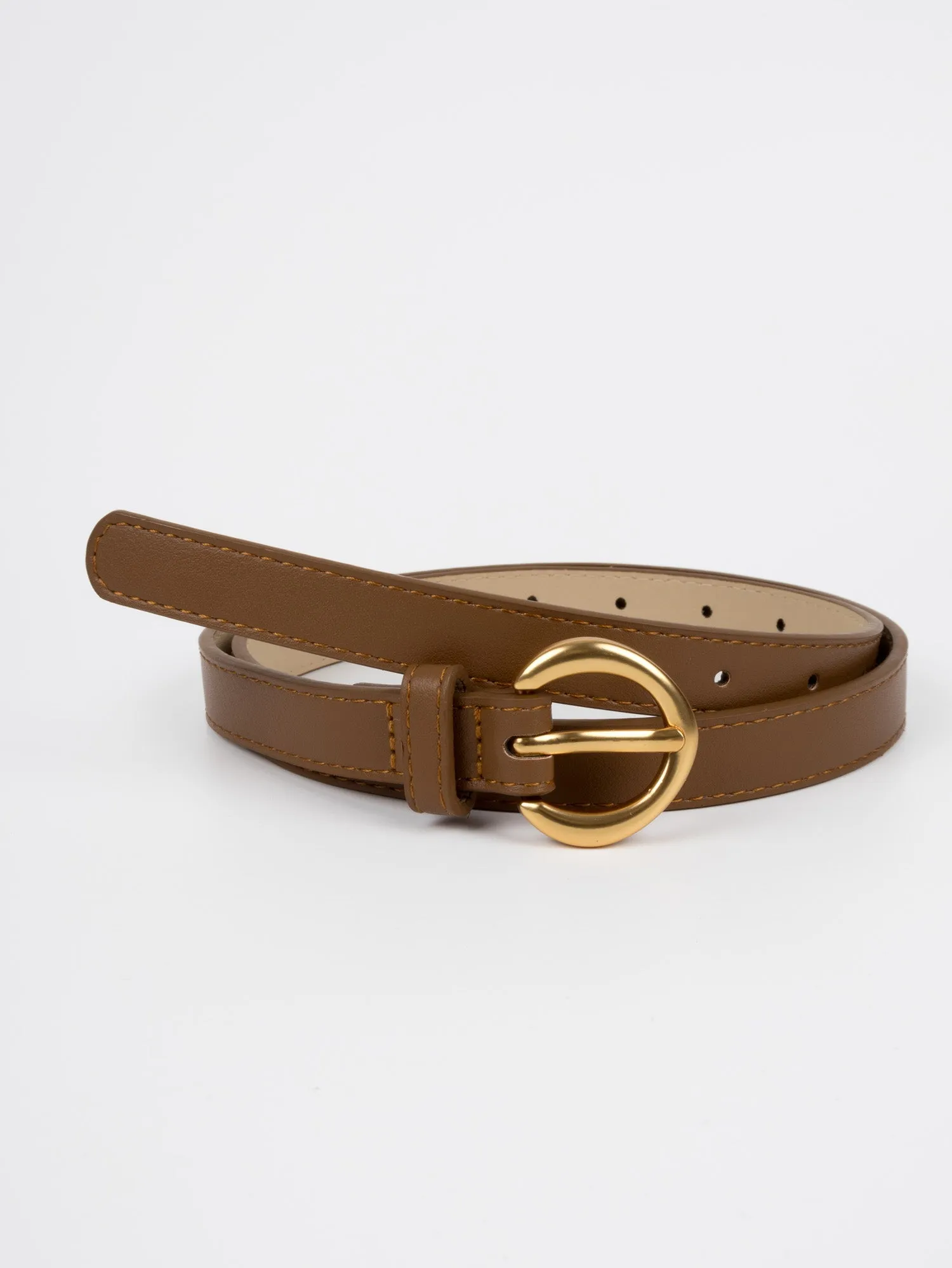 Vegan PU Leather Belt - Cannes - Classic Curved Buckle - Gold / Tan - 106cm