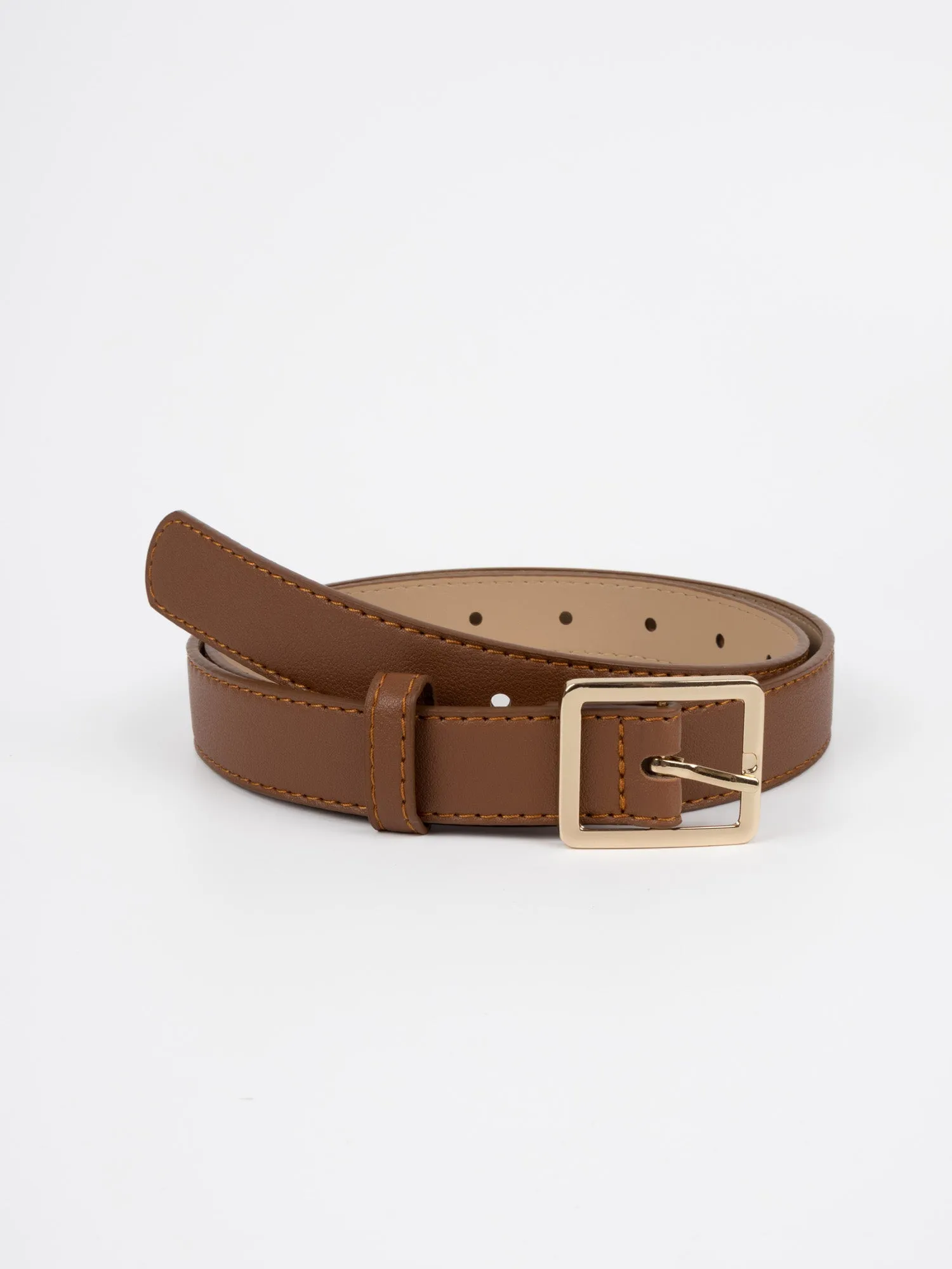 Vegan PU Leather Belt - Creil - Square Buckle - Gold / Brown - 106cm