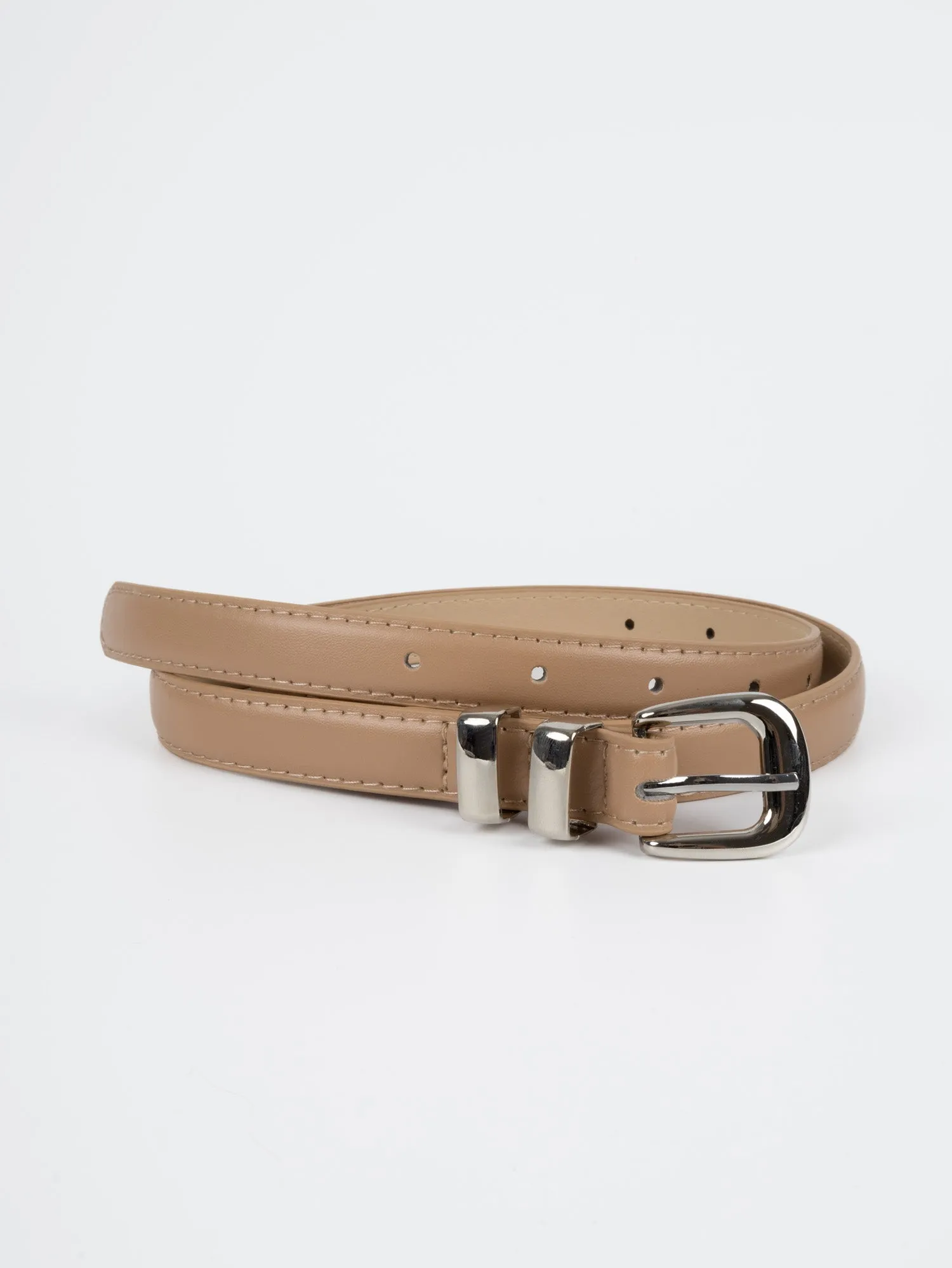 Vegan PU Leather Belt - Lyon - Narrow Buckle - Silver / Beige - 106cm