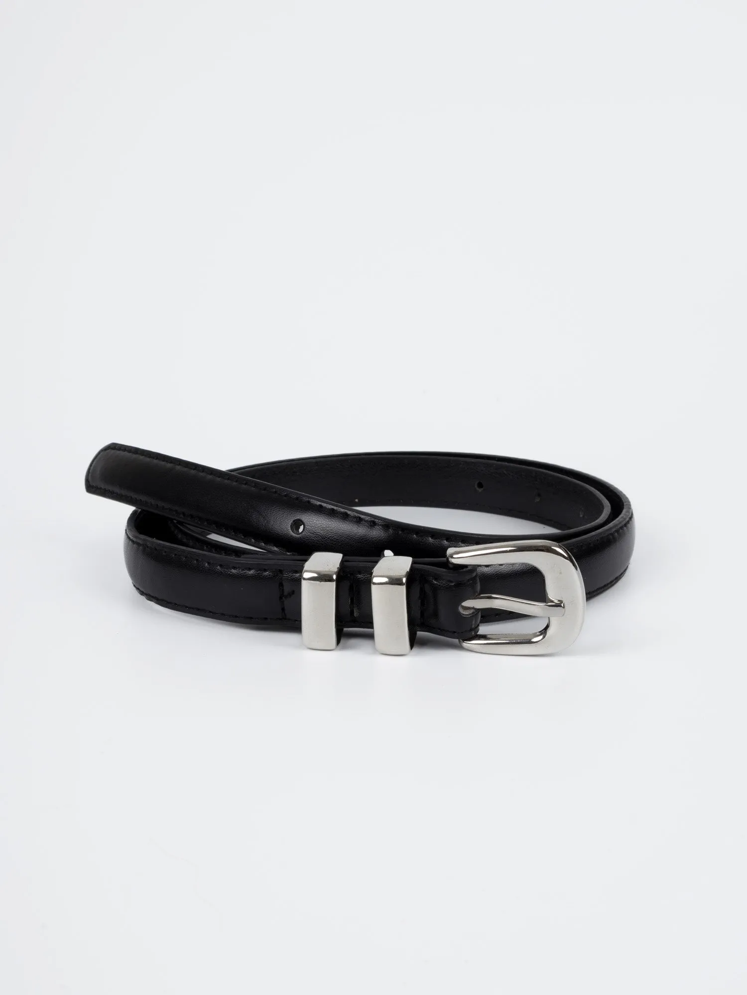 Vegan PU Leather Belt - Lyon - Narrow Buckle - Silver / Black - 106cm