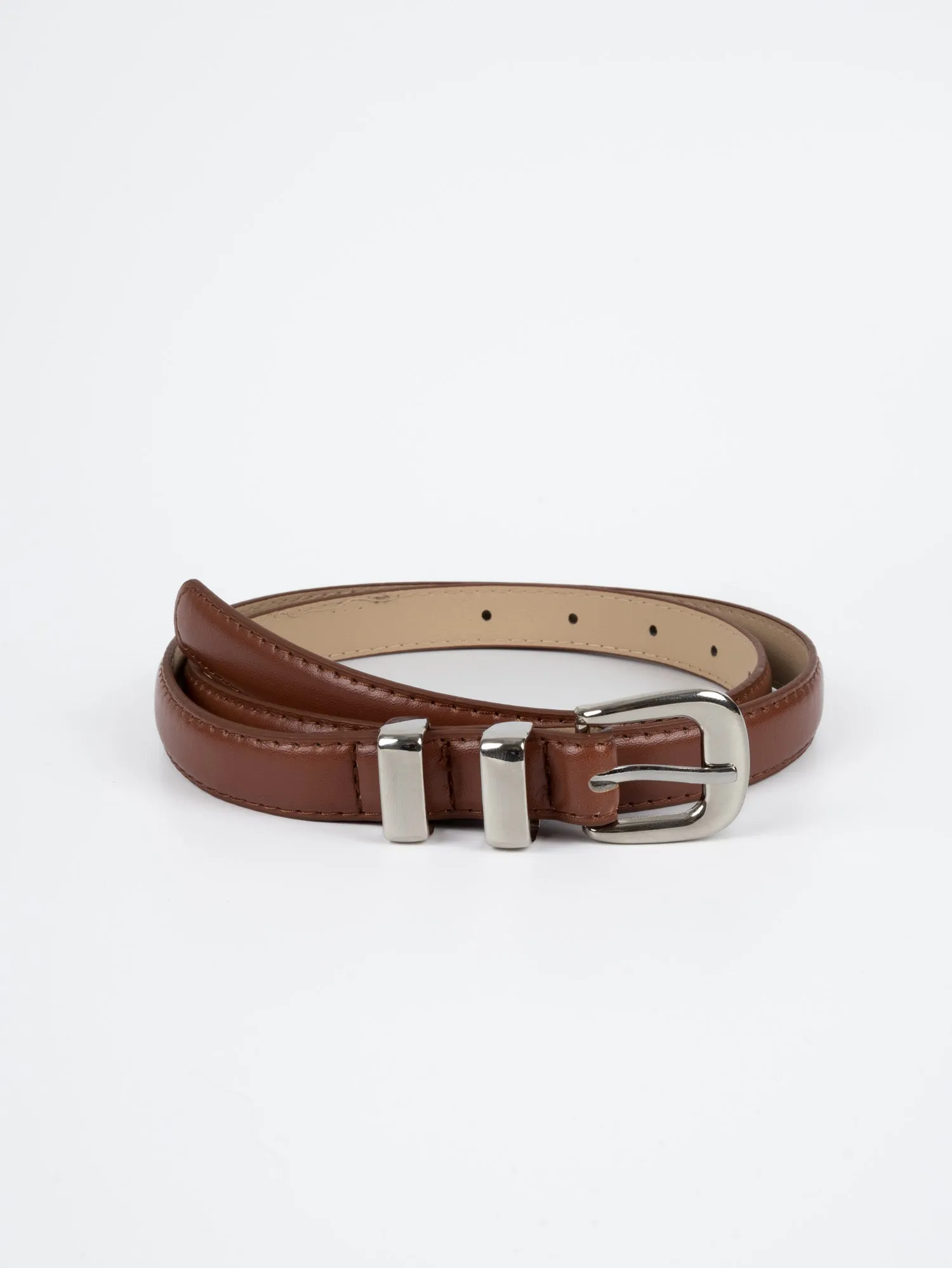 Vegan PU Leather Belt - Lyon - Narrow Buckle - Silver / Tan - 106cm