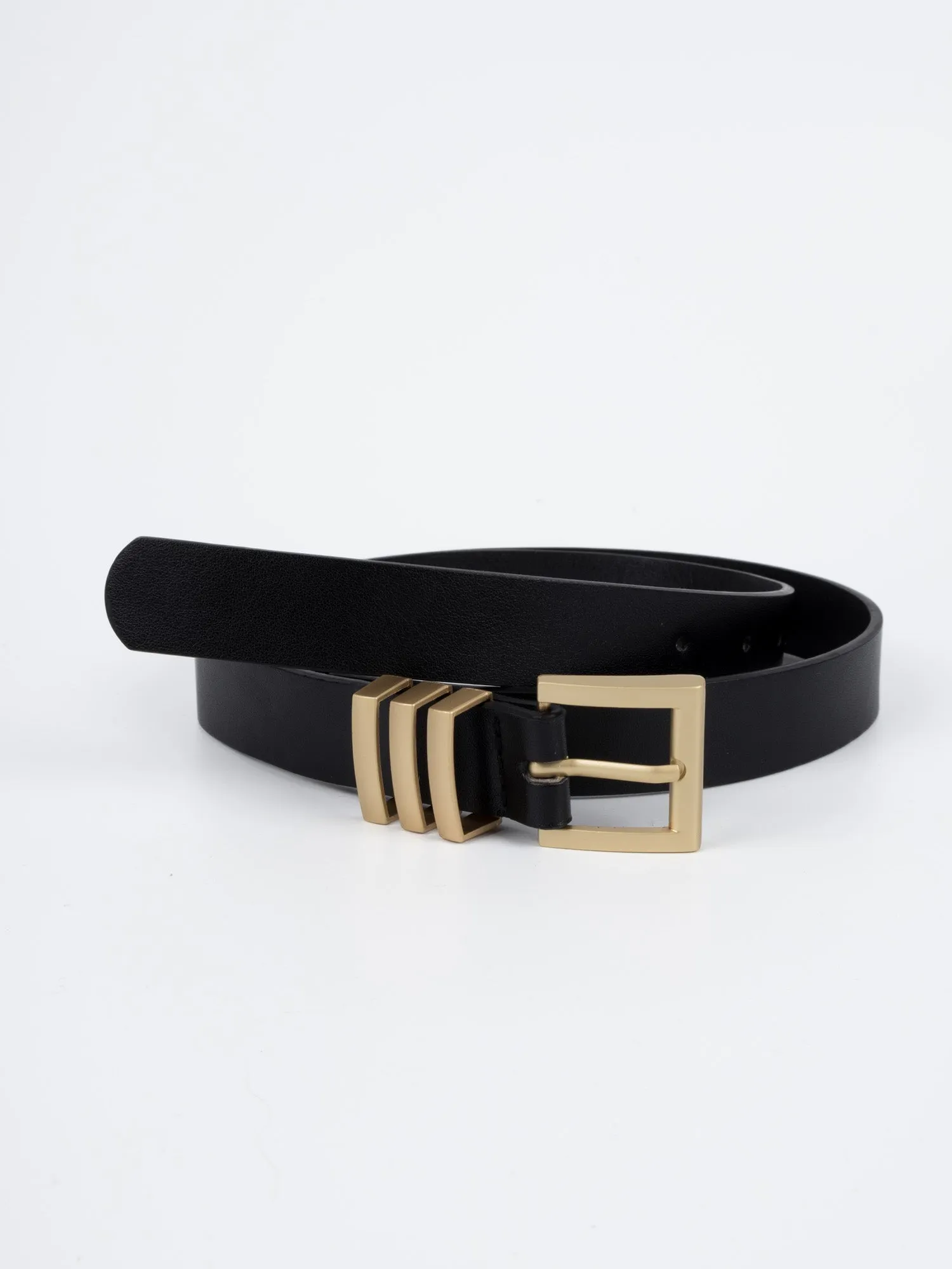 Vegan PU Leather Belt - Marseille - Chunky Square Buckle - Gold / Black - 105cm