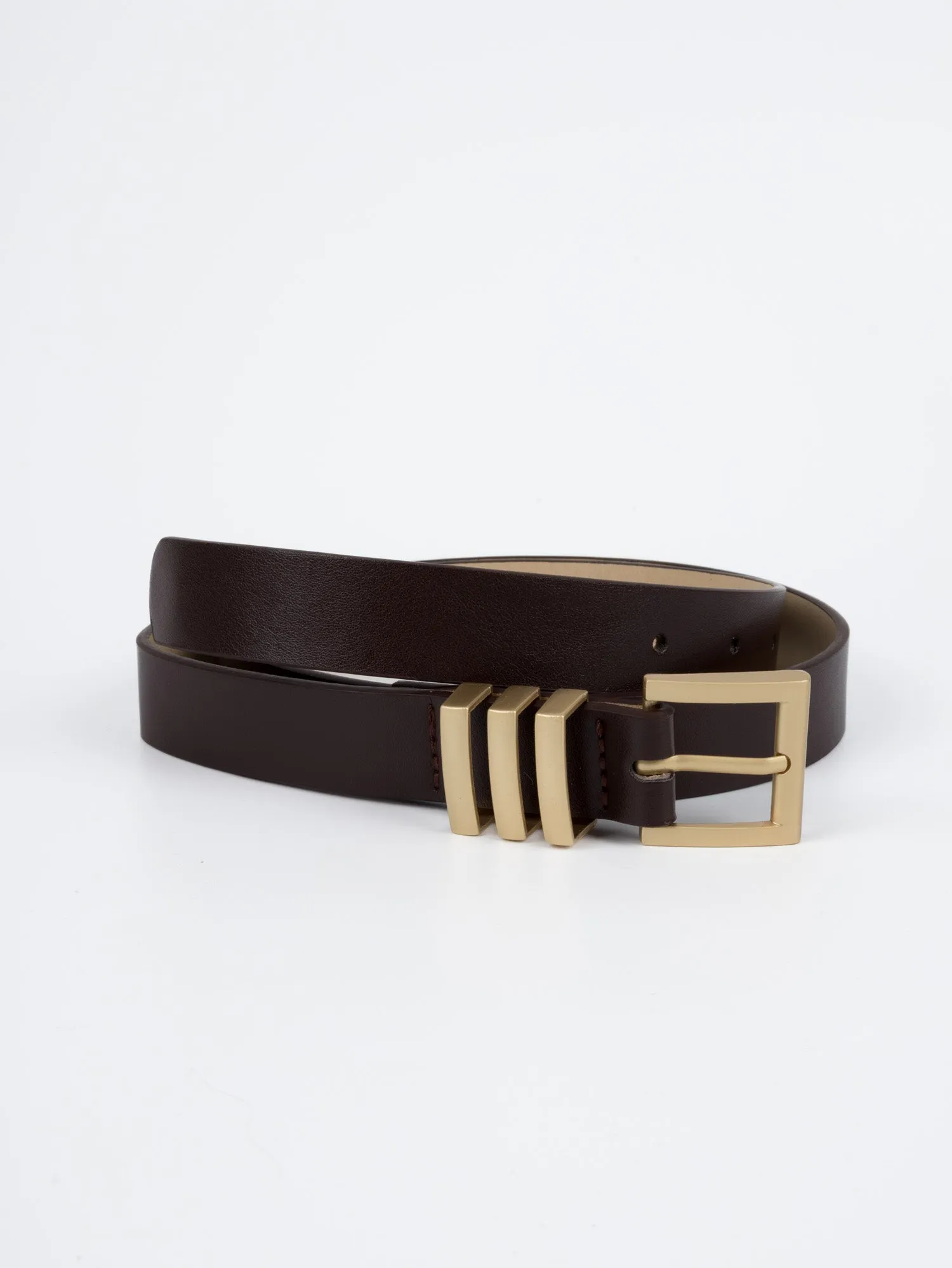 Vegan PU Leather Belt - Marseille - Chunky Square Buckle - Gold / Coffee - 105cm