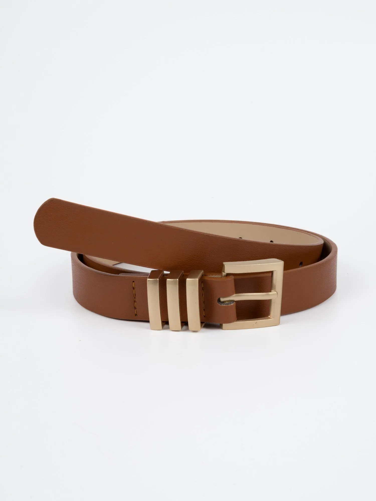 Vegan PU Leather Belt - Marseille - Chunky Square Buckle - Gold / Tan - 105cm