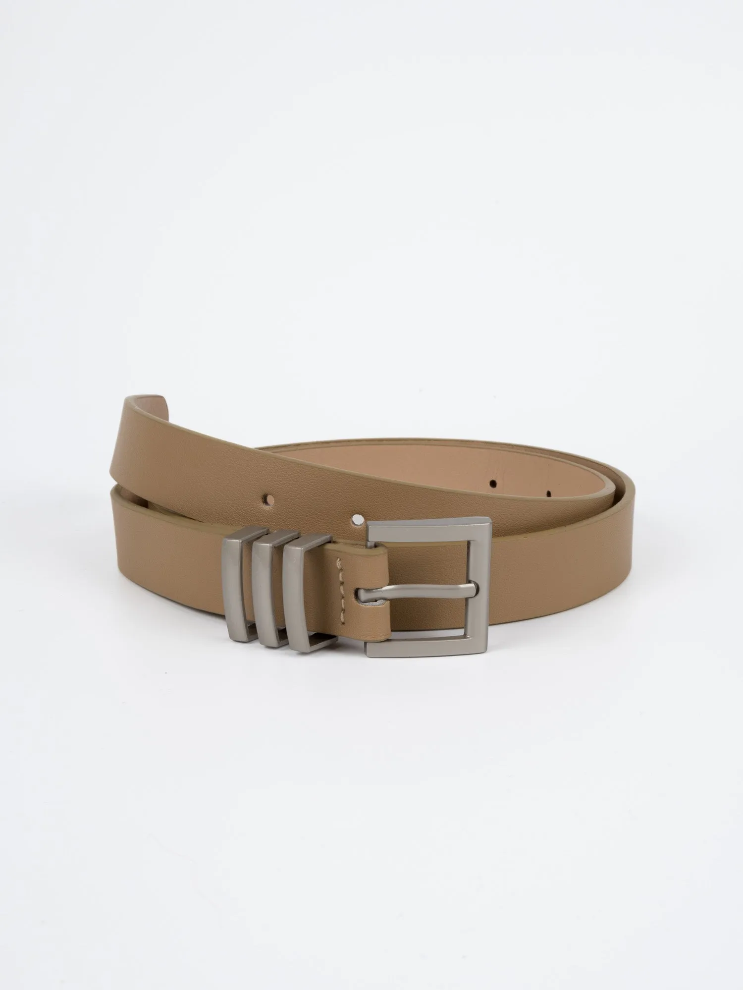 Vegan PU Leather Belt - Marseille - Chunky Square Buckle - Silver / Beige - 105cm