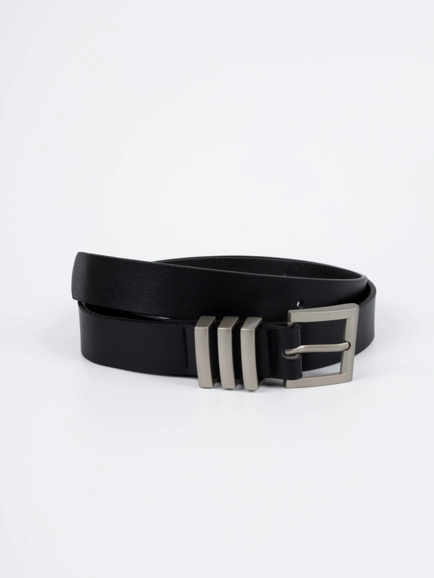 Vegan PU Leather Belt - Marseille - Chunky Square Buckle - Silver / Black - 105cm