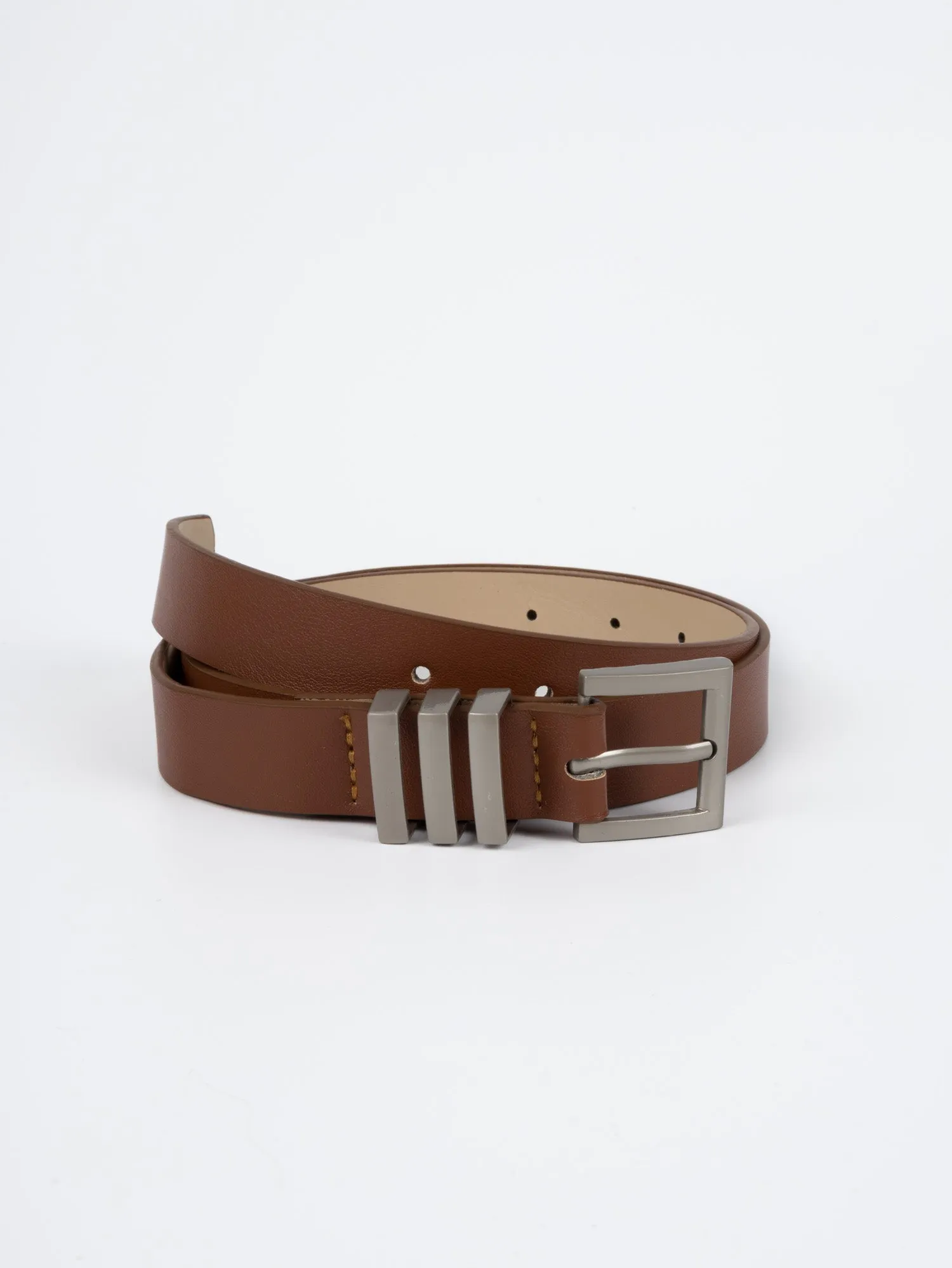 Vegan PU Leather Belt - Marseille - Chunky Square Buckle - Silver / Tan - 105cm