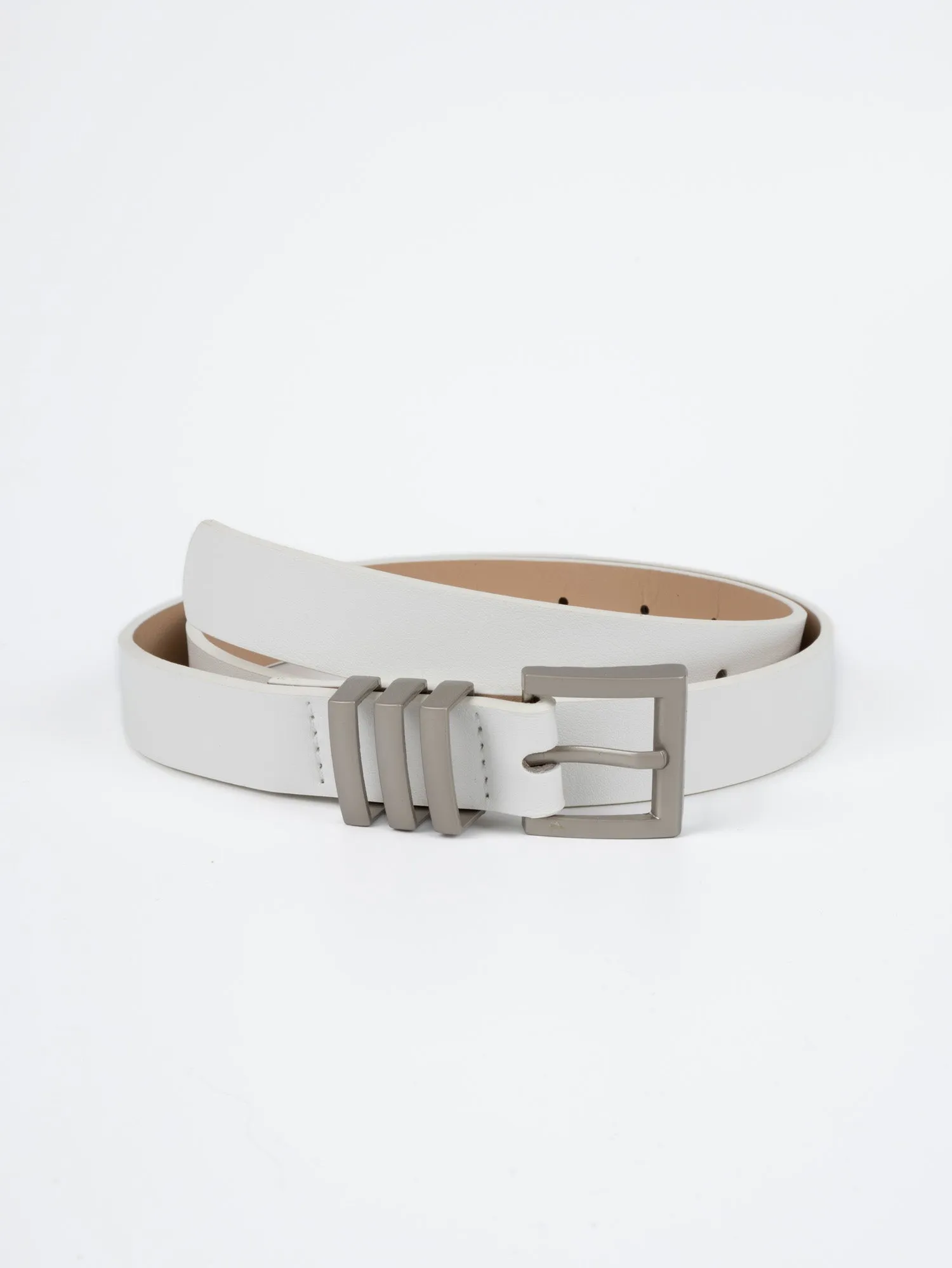 Vegan PU Leather Belt - Marseille - Chunky Square Buckle - Silver / White - 105cm
