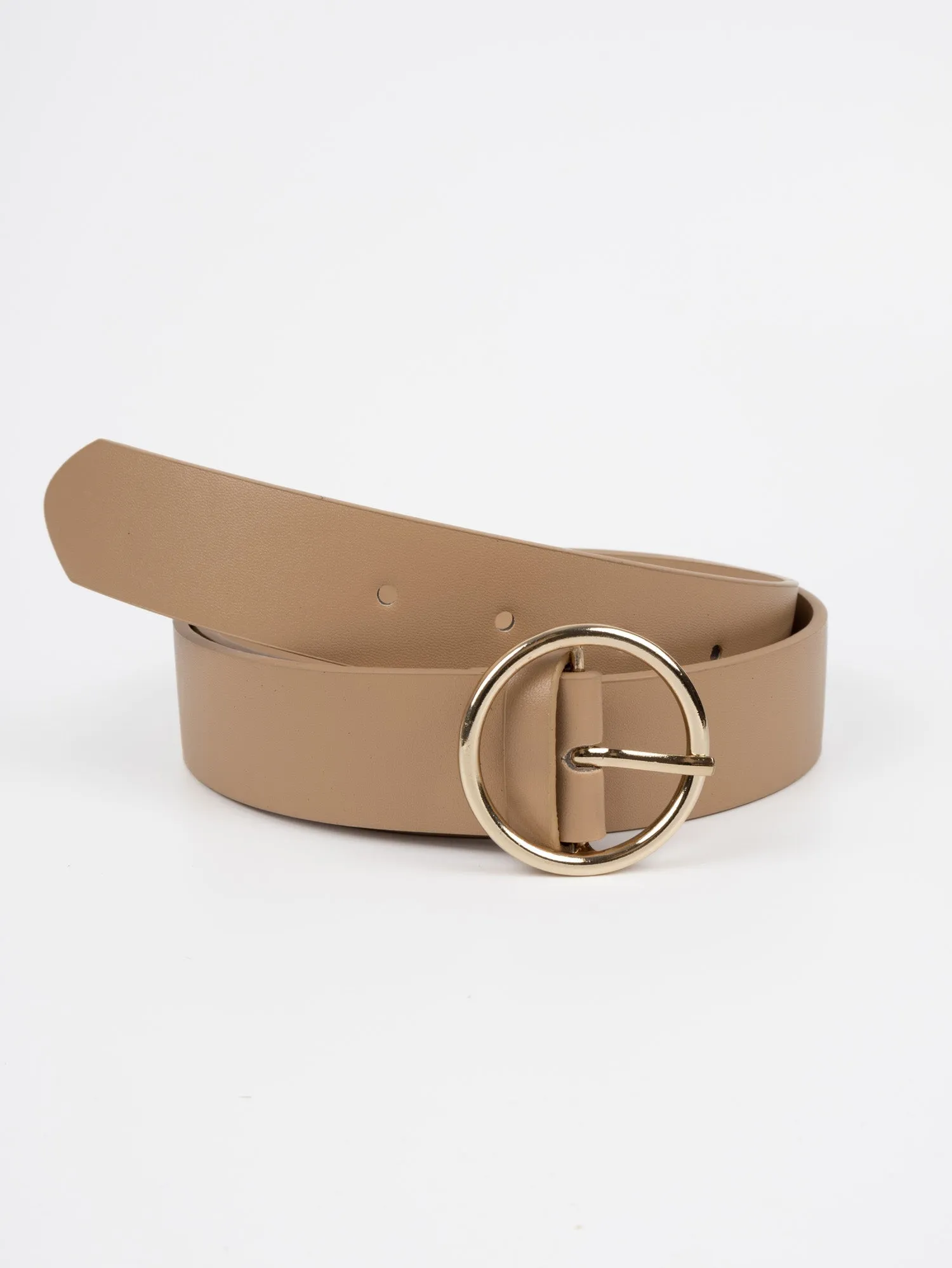 Vegan PU Leather Belt - Melun - Circular Buckle - Gold / Beige - 105cm