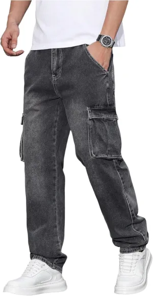 Verdusa Men's Cargo Jeans Relaxed Outfits Straight Leg Denim Pants Vintage Jeans with Pockets
