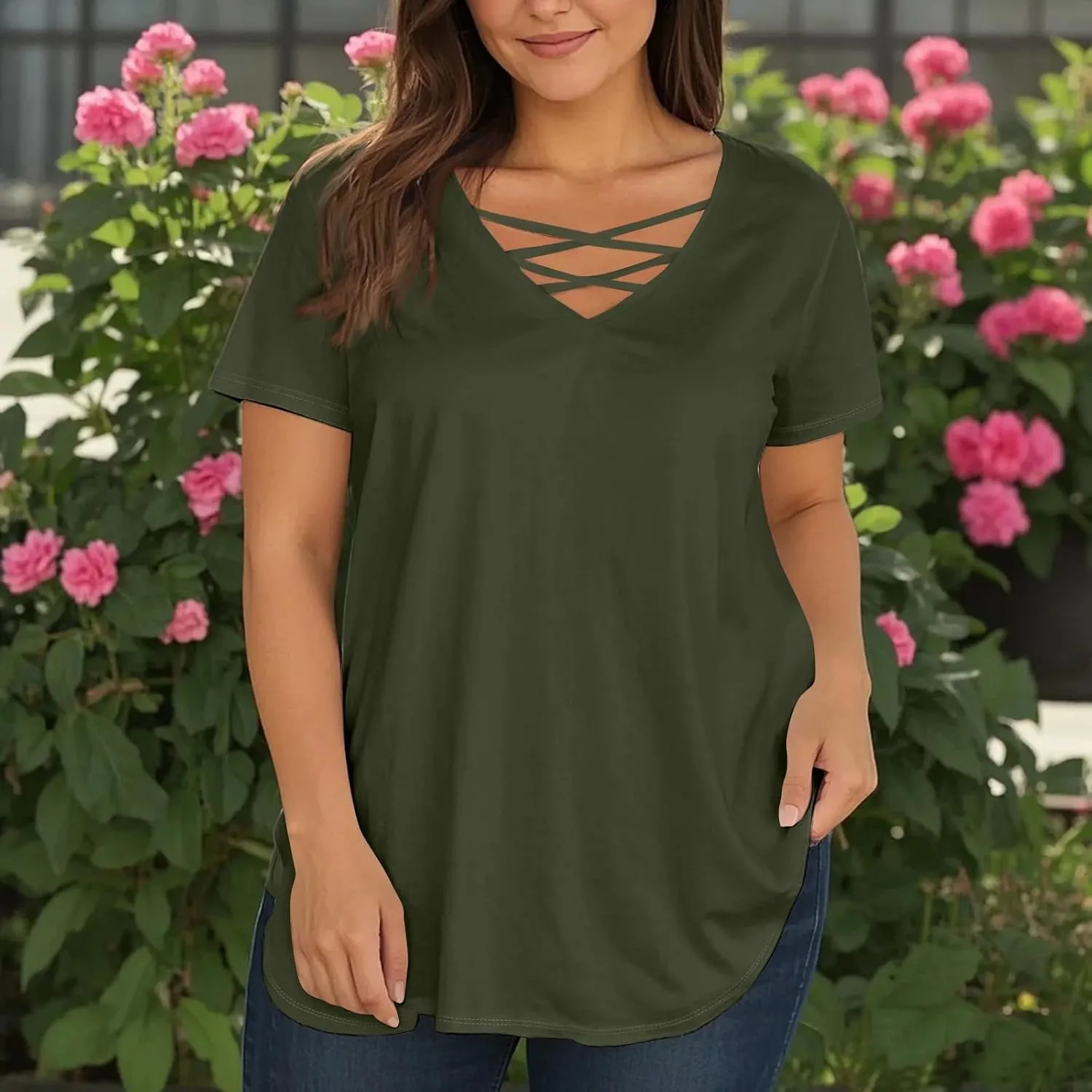 Vestidos De Verano para Mujer 2025 Casual Loose Elegant Short Sleeve V-Neck Solid Shirt Tops Outfits, L-4XL