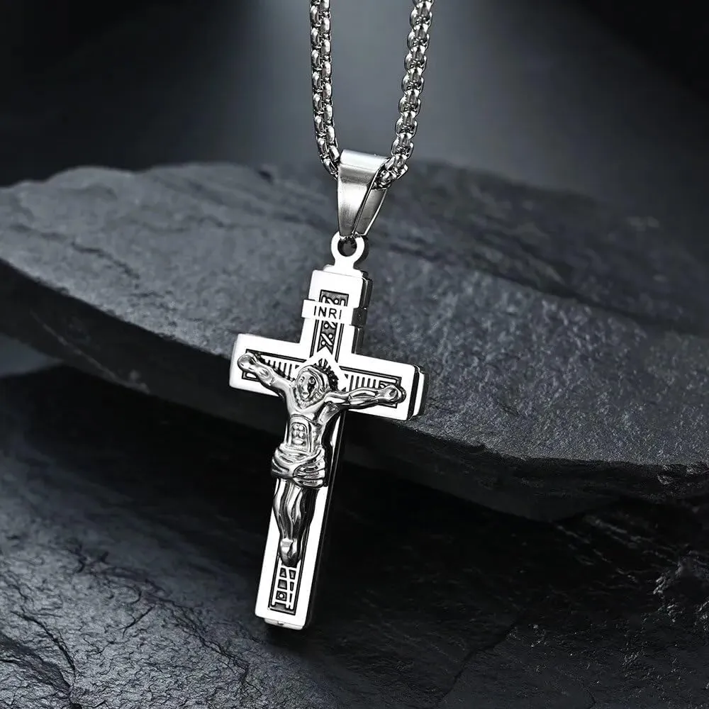 Vintage Catholic Jesus Pendant Necklace 316L Stainless Steel Cross Necklace Men Jewelry Religious Christian Jewelry
