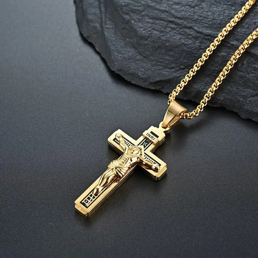 Vintage Catholic Jesus Pendant Necklace 316L Stainless Steel Cross Necklace Men Jewelry Religious Christian Jewelry