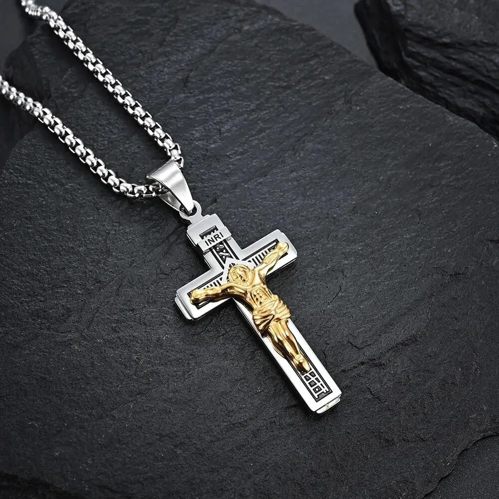 Vintage Catholic Jesus Pendant Necklace 316L Stainless Steel Cross Necklace Men Jewelry Religious Christian Jewelry