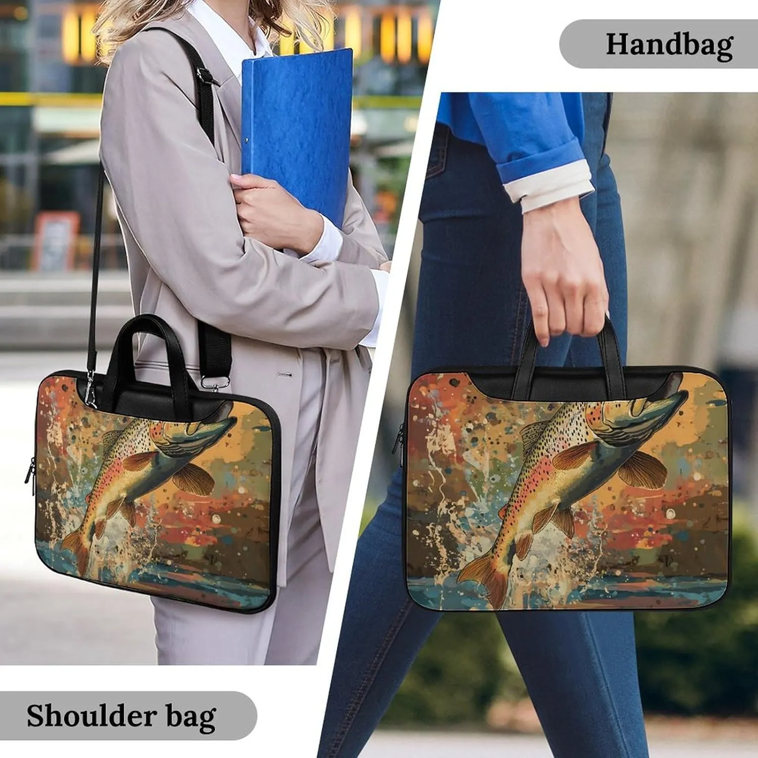 Vintage Trout Fish Jumping Leather Bag Laptop Case Slim Water Resistant Computer Bags with Handle Briefcase for Work