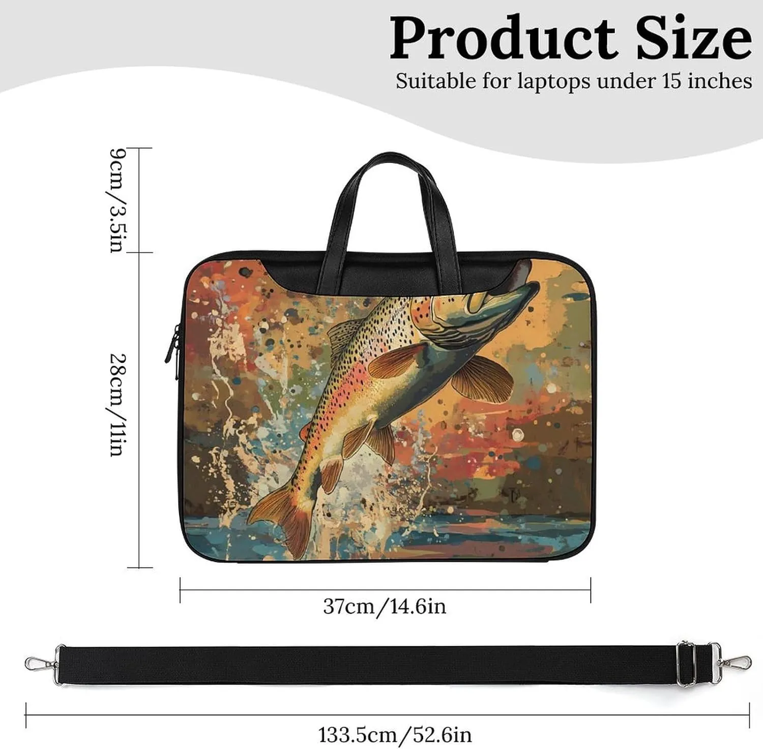 Vintage Trout Fish Jumping Leather Bag Laptop Case Slim Water Resistant Computer Bags with Handle Briefcase for Work