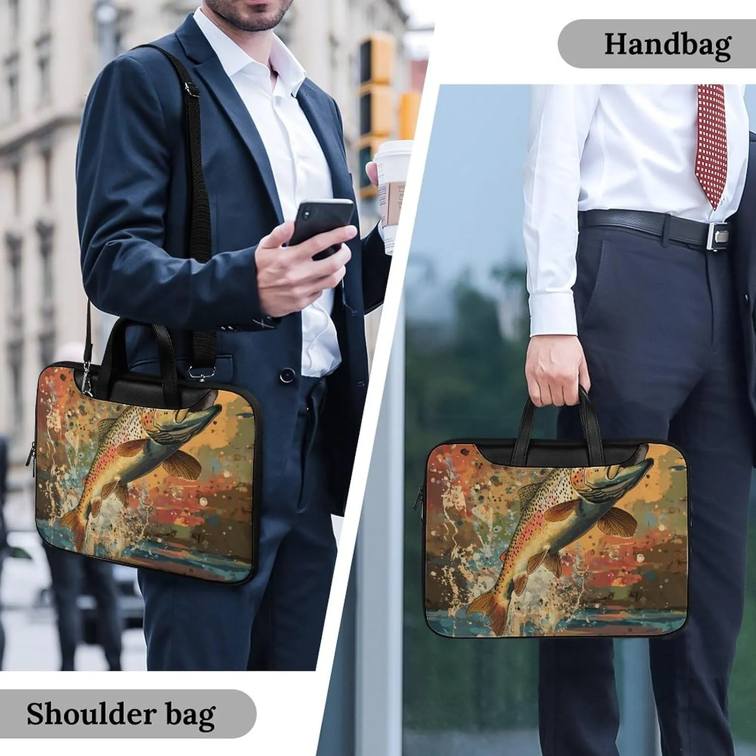 Vintage Trout Fish Jumping Leather Bag Laptop Case Slim Water Resistant Computer Bags with Handle Briefcase for Work