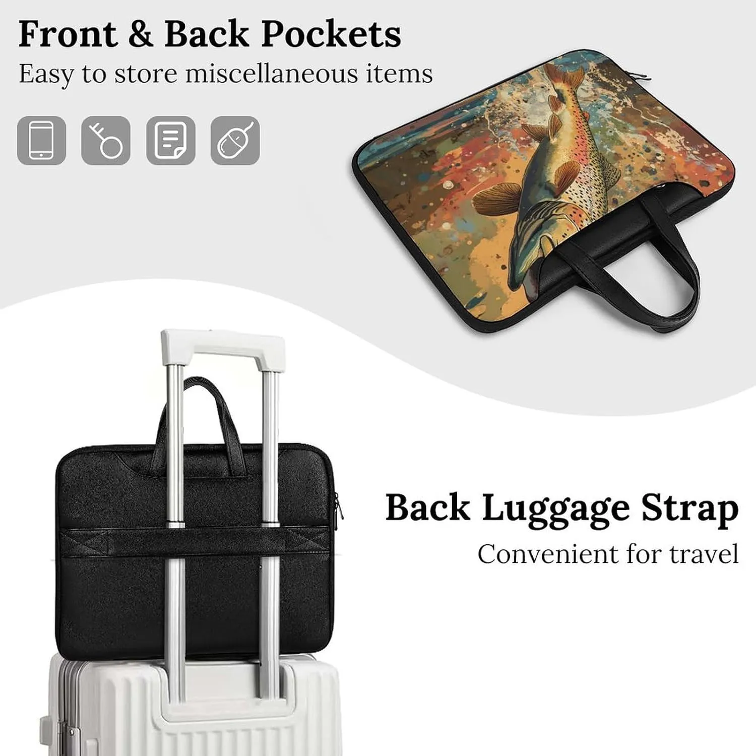 Vintage Trout Fish Jumping Leather Bag Laptop Case Slim Water Resistant Computer Bags with Handle Briefcase for Work